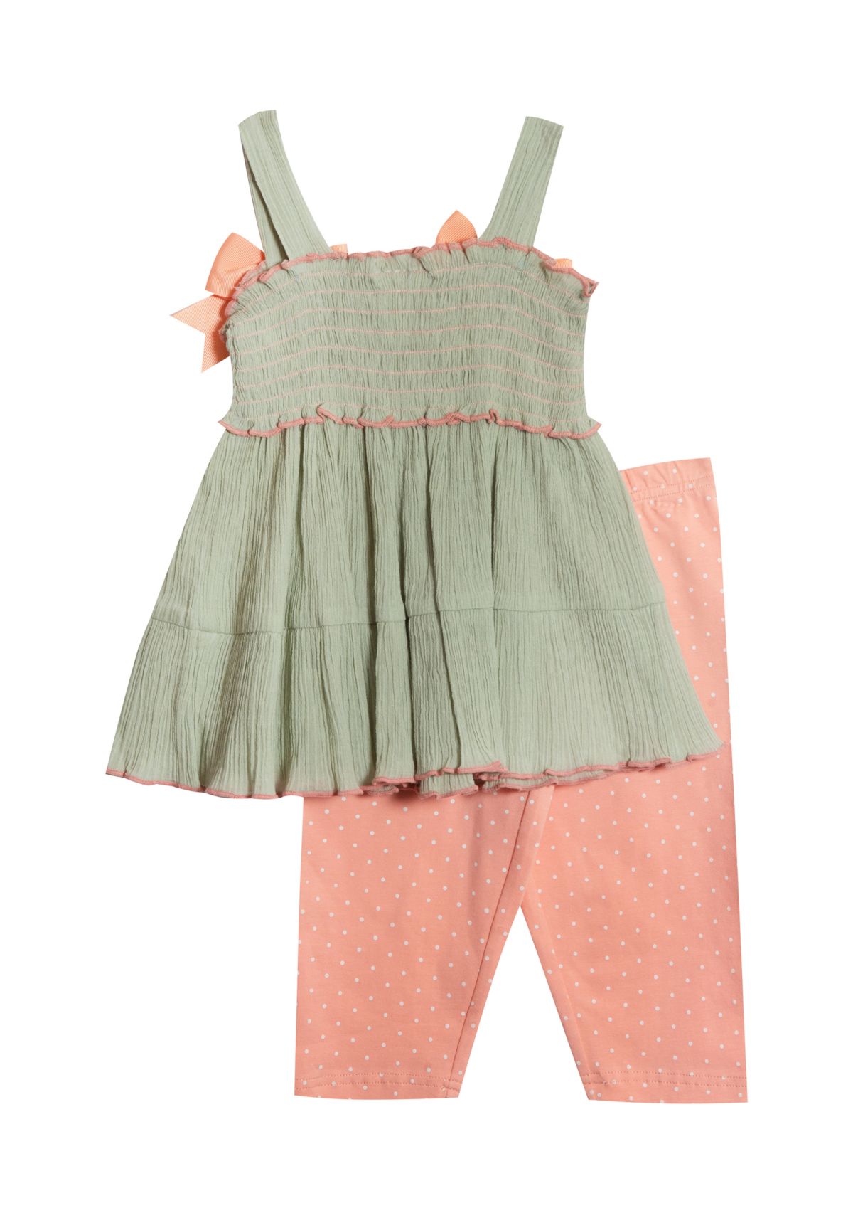 Baby Girls Sleeveless Gauze Smocked Top and Printed Leggings Set