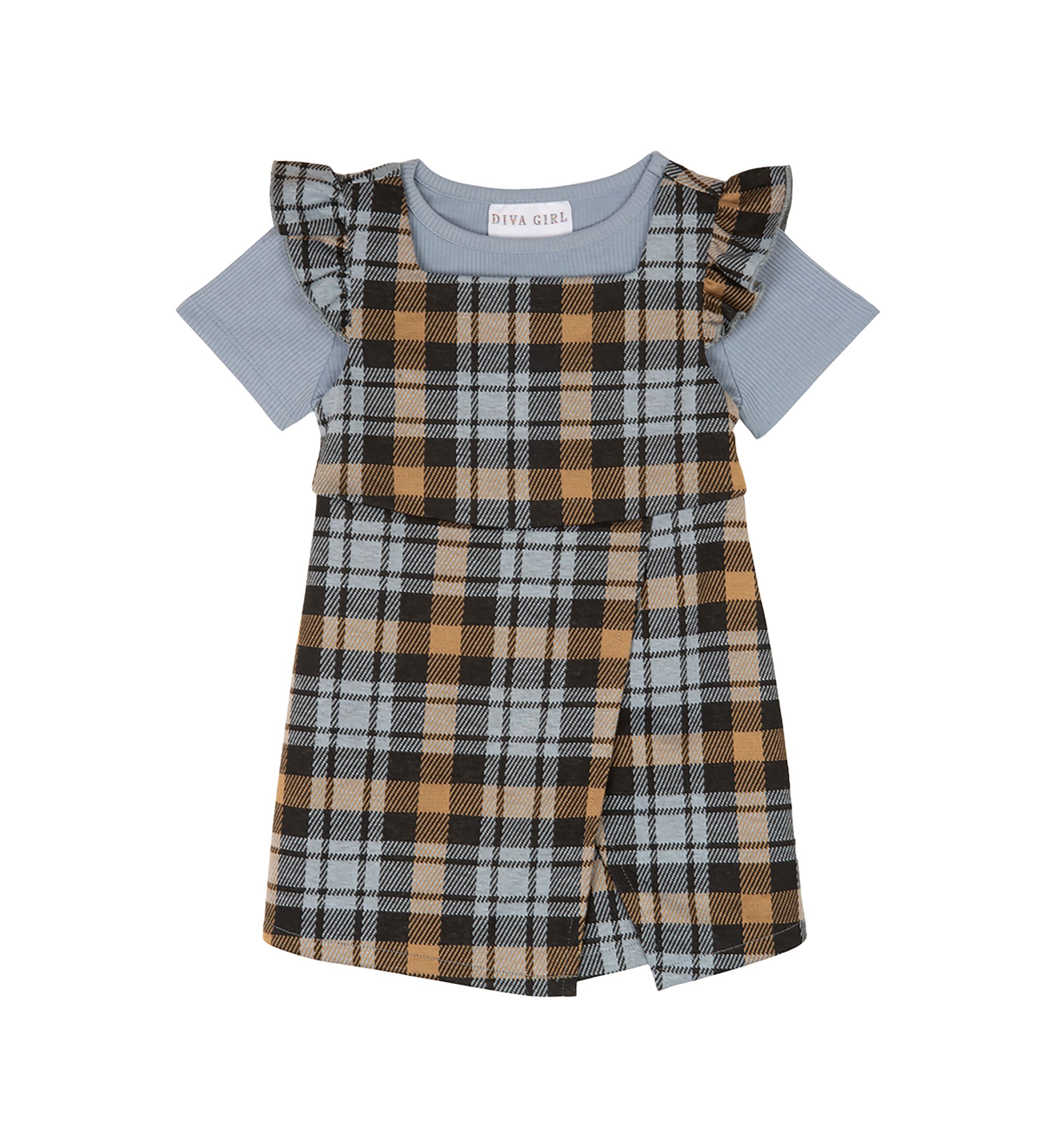 Toddler Girls Plaid Ruffle Jumper with T-Shirt