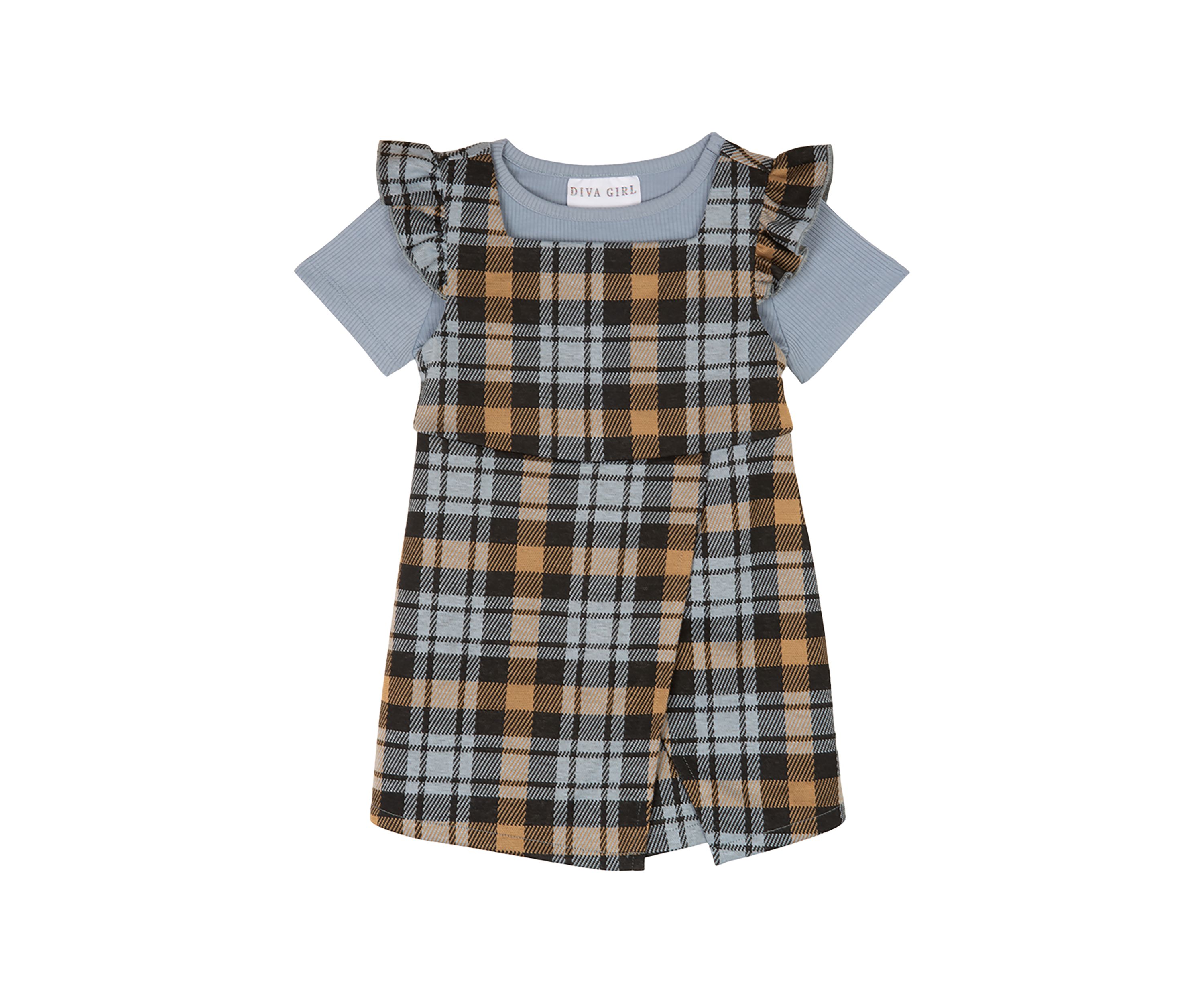 Toddler Girls Plaid Ruffle Jumper with T-Shirt