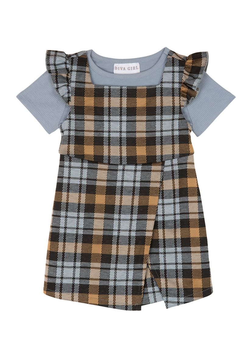 Toddler Girls Plaid Ruffle Jumper with T-Shirt