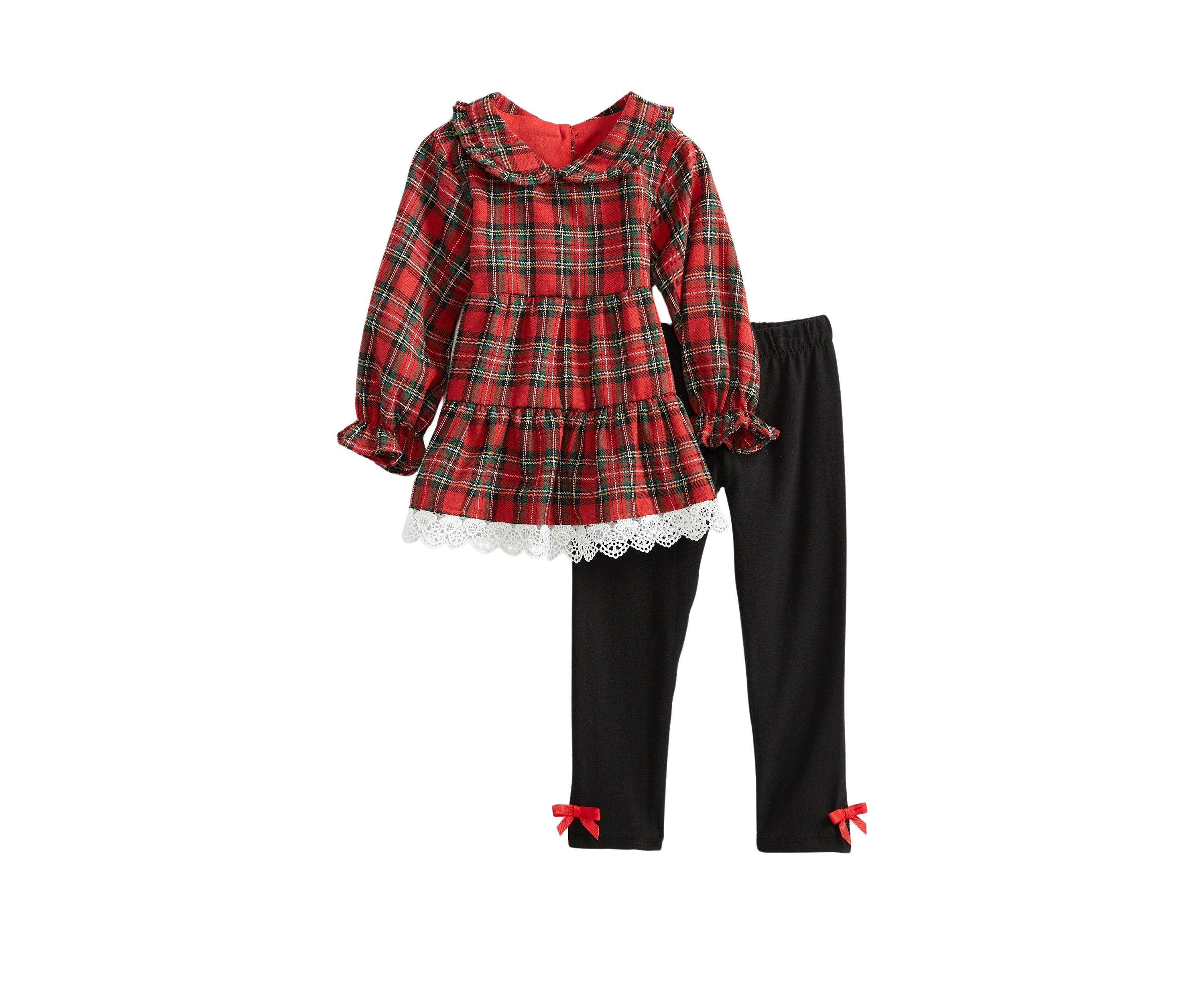Toddler Girls Plaid Twill Crochet Top and Leggings Set