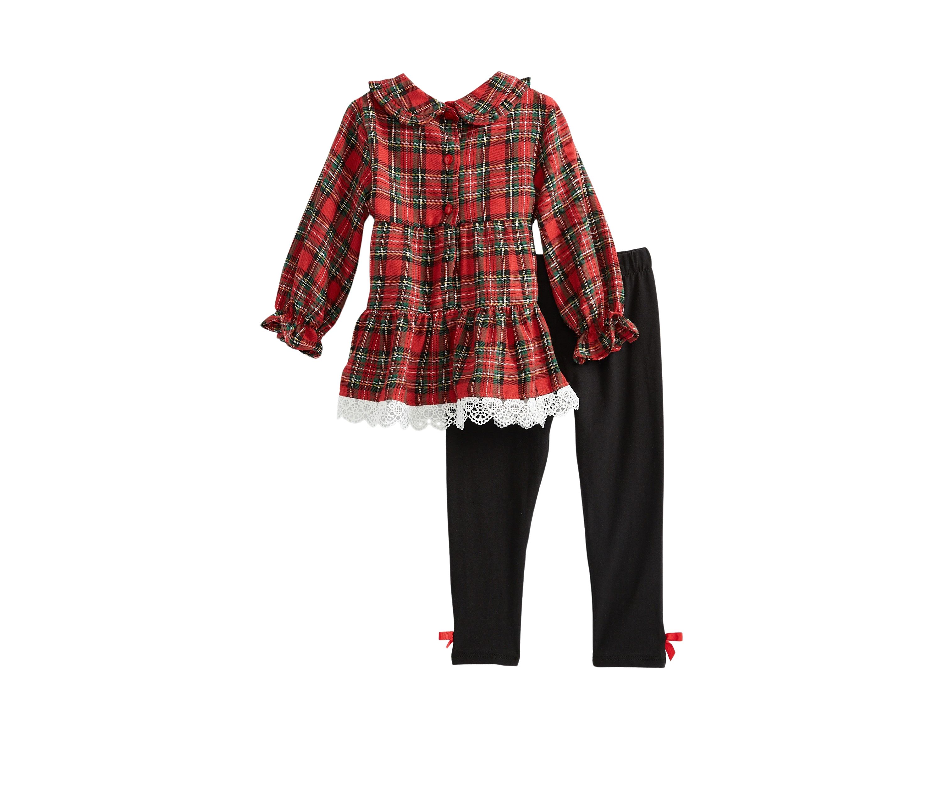 Toddler Girls Plaid Twill Crochet Top and Leggings Set
