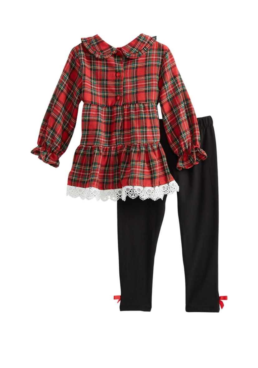 Toddler Girls Plaid Twill Crochet Top and Leggings Set