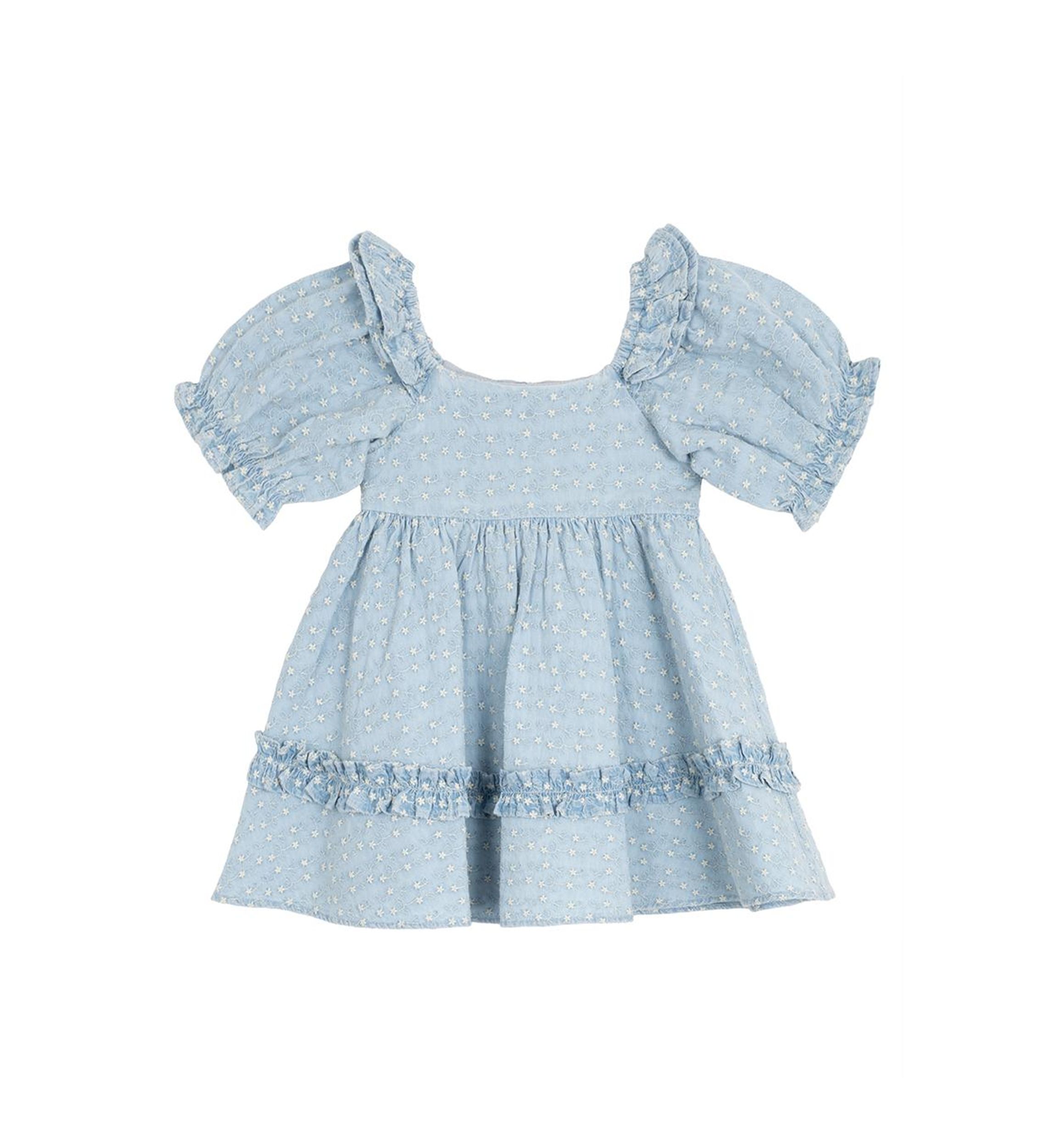 Toddler Girls Printed Chambray Dress with Puff Sleeves