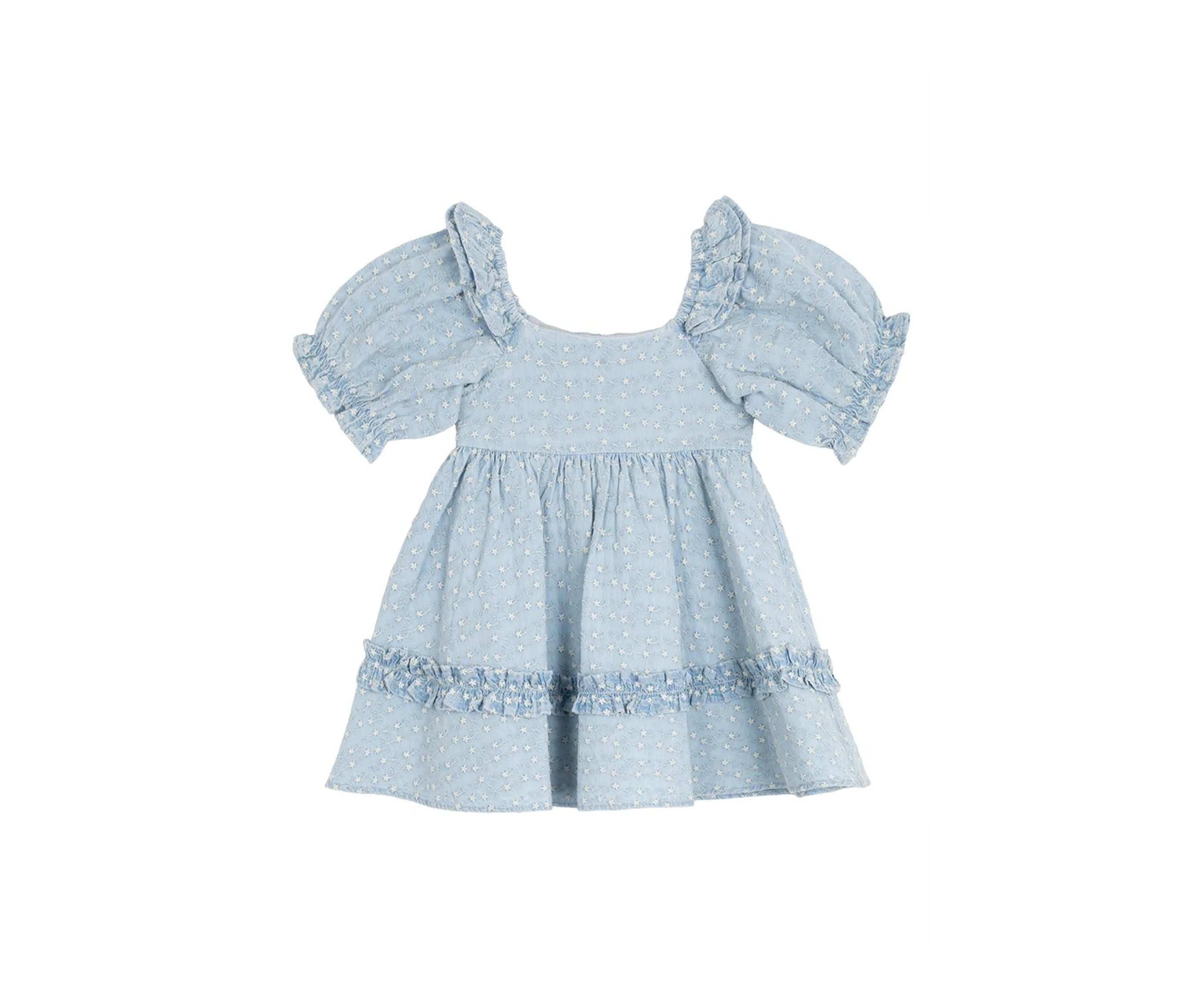 Toddler Girls Printed Chambray Dress with Puff Sleeves