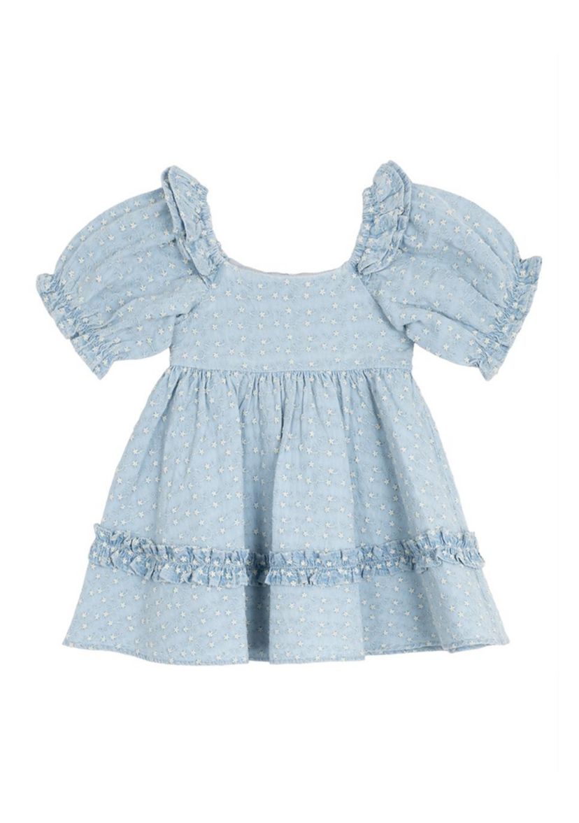 Toddler Girls Printed Chambray Dress with Puff Sleeves