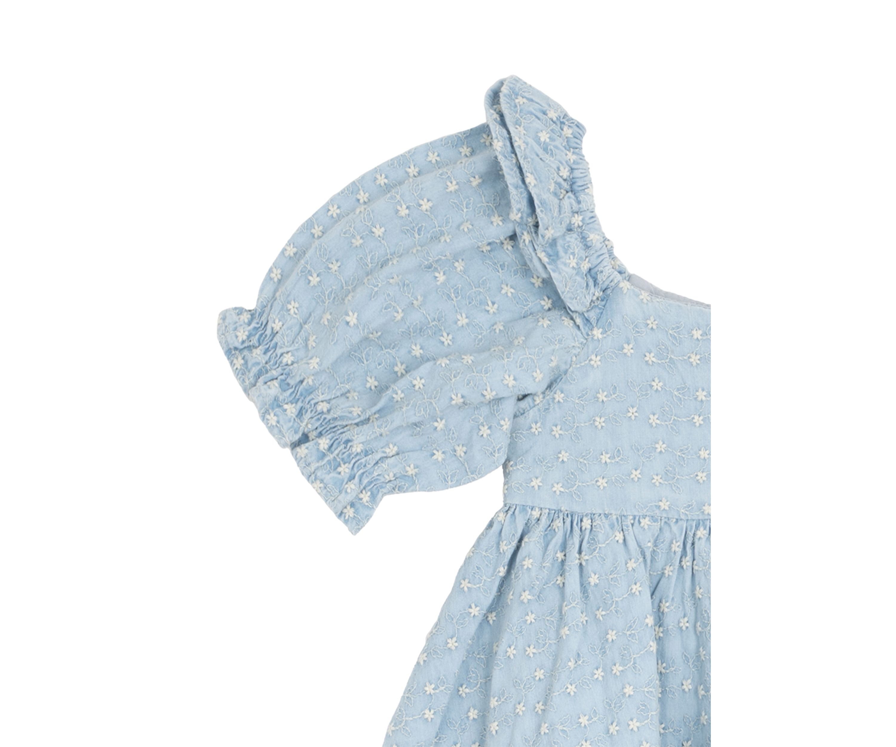 Toddler Girls Printed Chambray Dress with Puff Sleeves