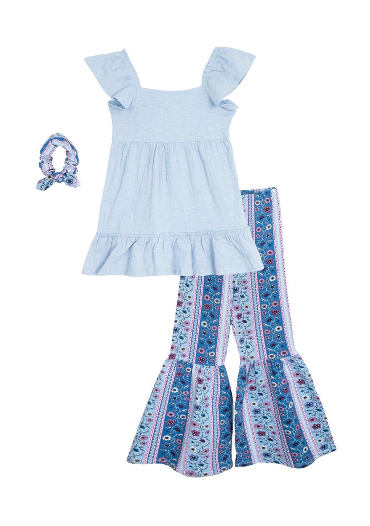 Toddler Girls Bohemian Top and Printed Pants Set with Scrunchie