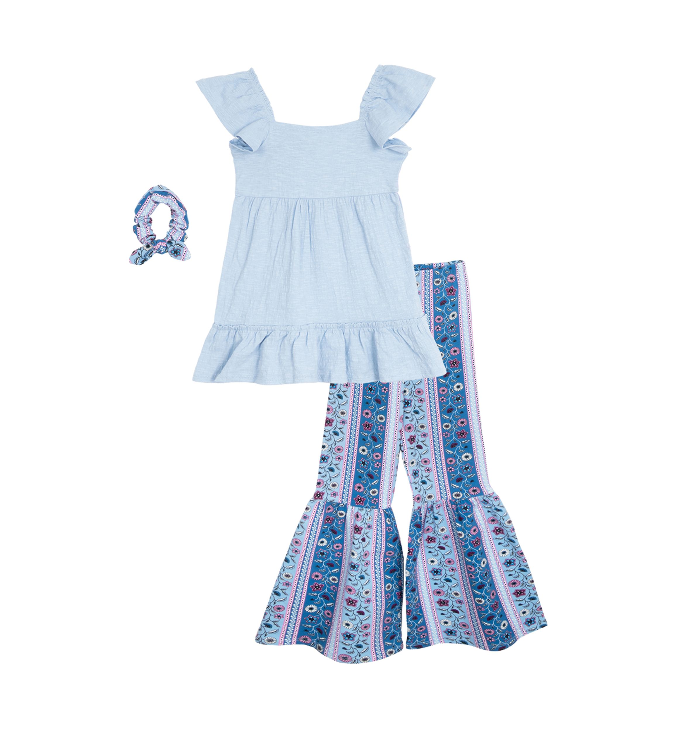 Toddler Girls Bohemian Top and Printed Pants Set with Scrunchie