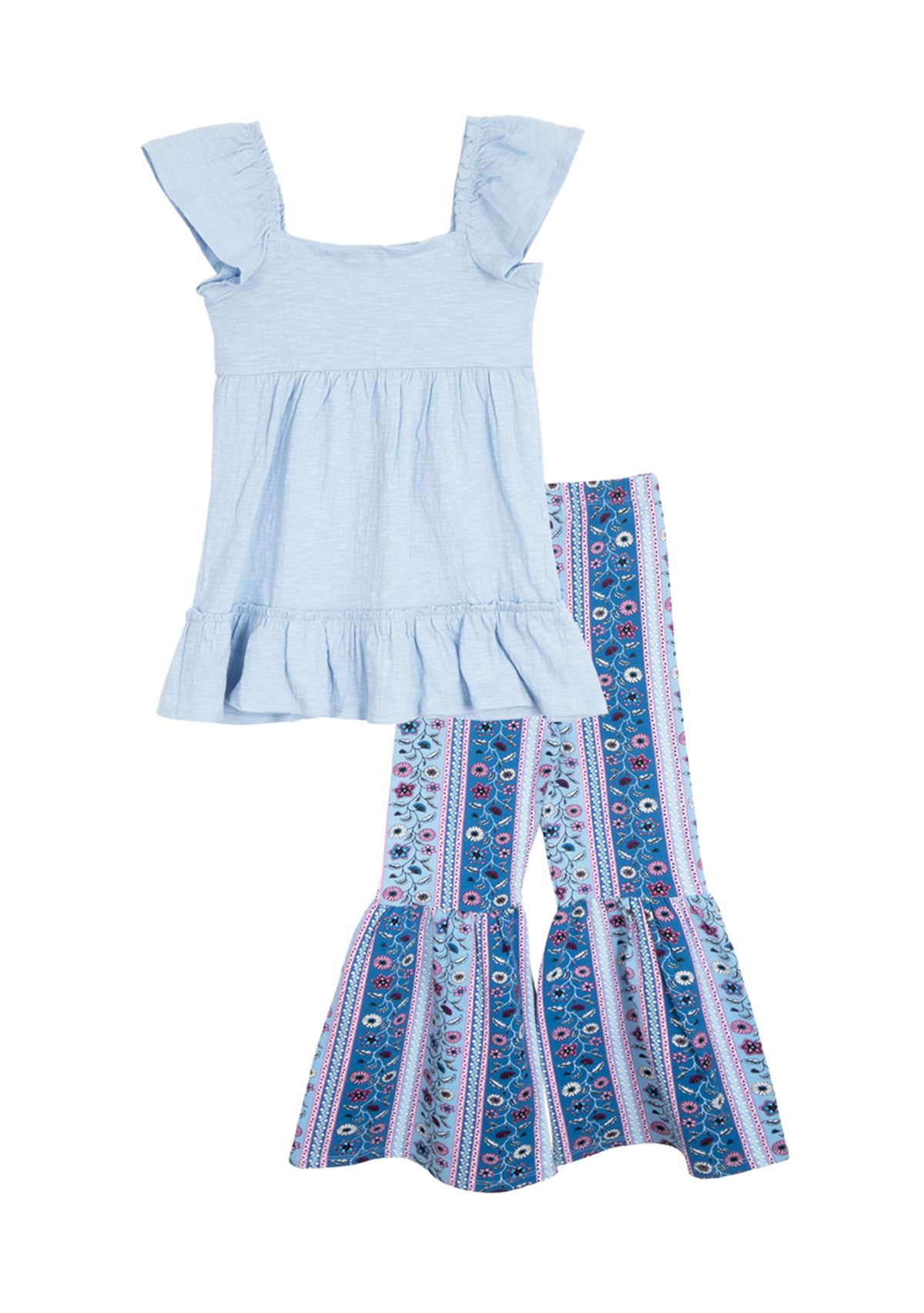 Toddler Girls Bohemian Top and Printed Pants Set with Scrunchie