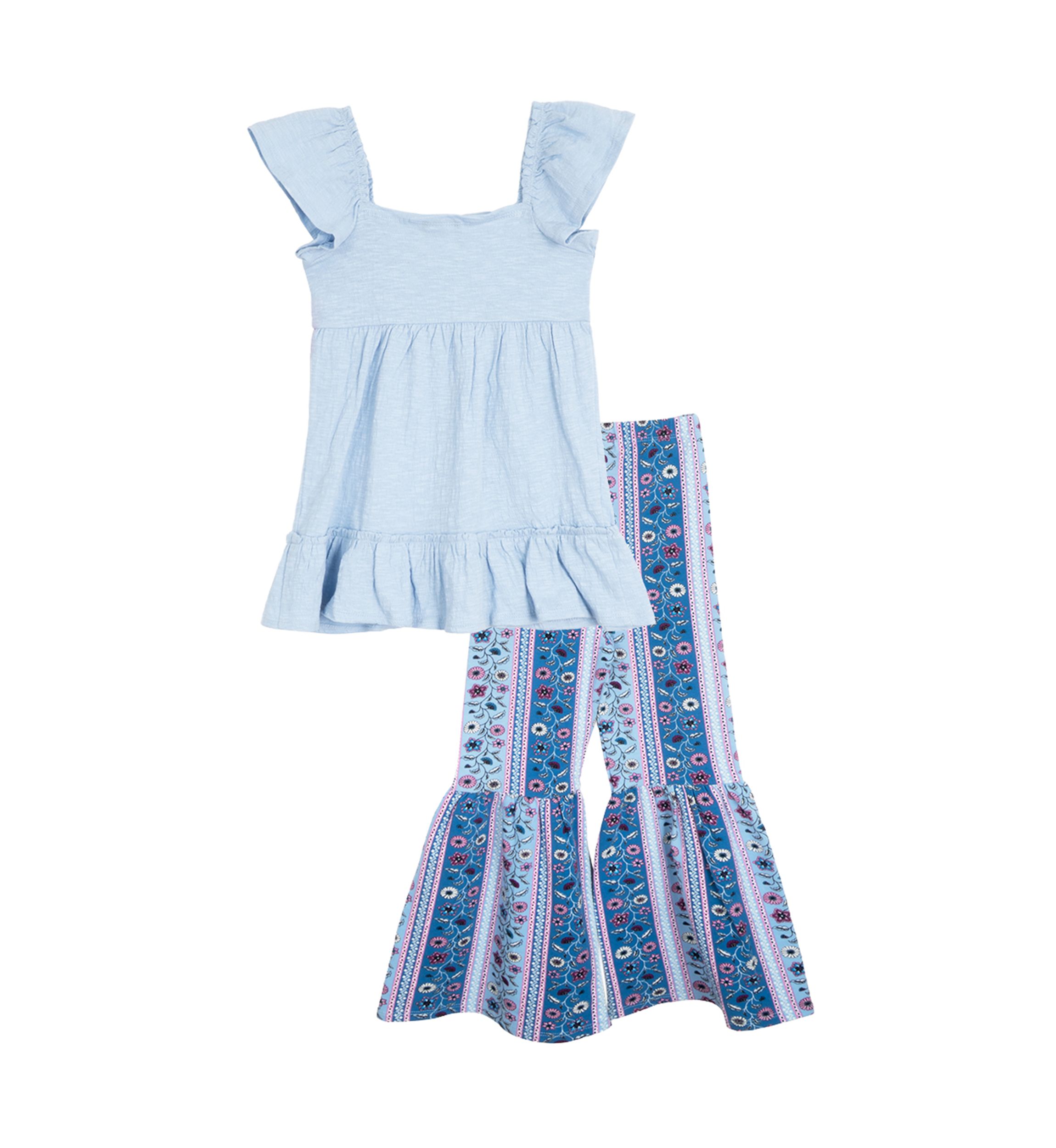 Toddler Girls Bohemian Top and Printed Pants Set with Scrunchie