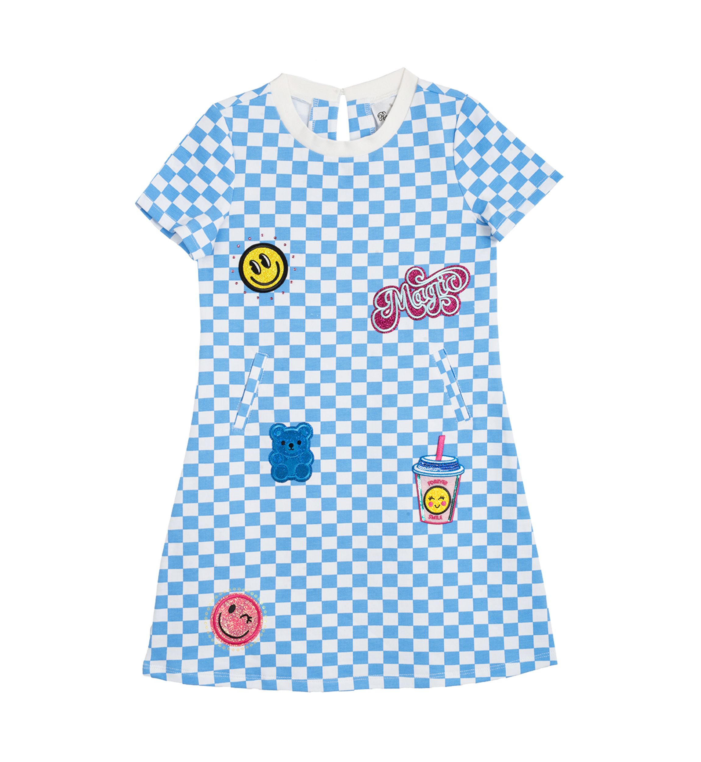 Toddler Girls Short Sleeve Checkerboard Dress with Patches