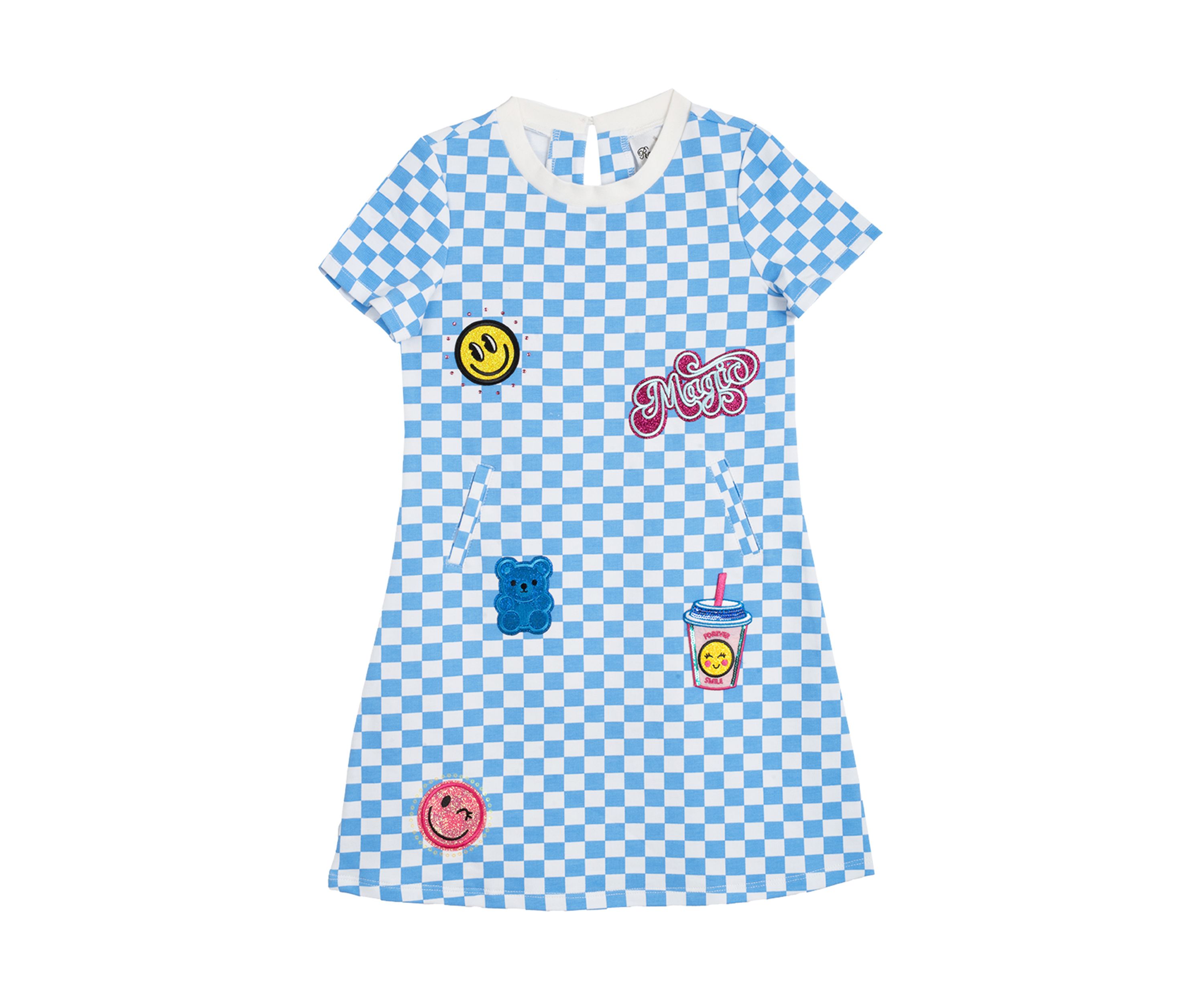Toddler Girls Short Sleeve Checkerboard Dress with Patches