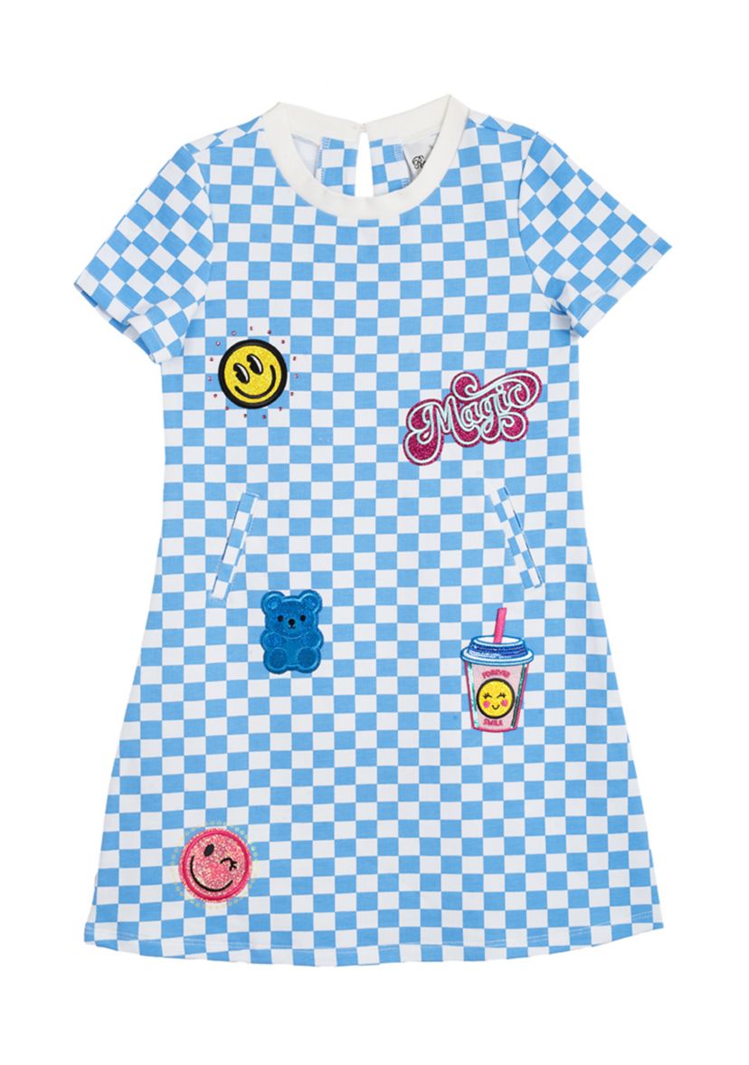 Toddler Girls Short Sleeve Checkerboard Dress with Patches