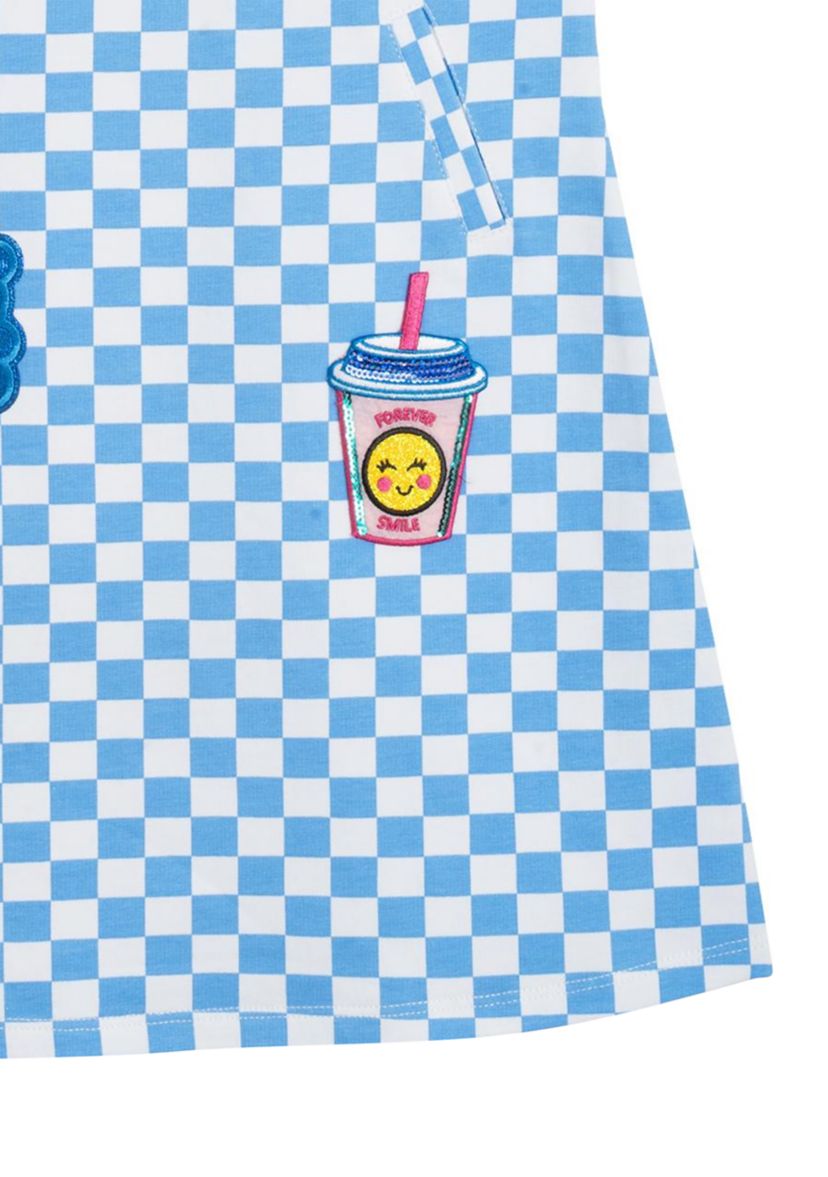 Toddler Girls Short Sleeve Checkerboard Dress with Patches
