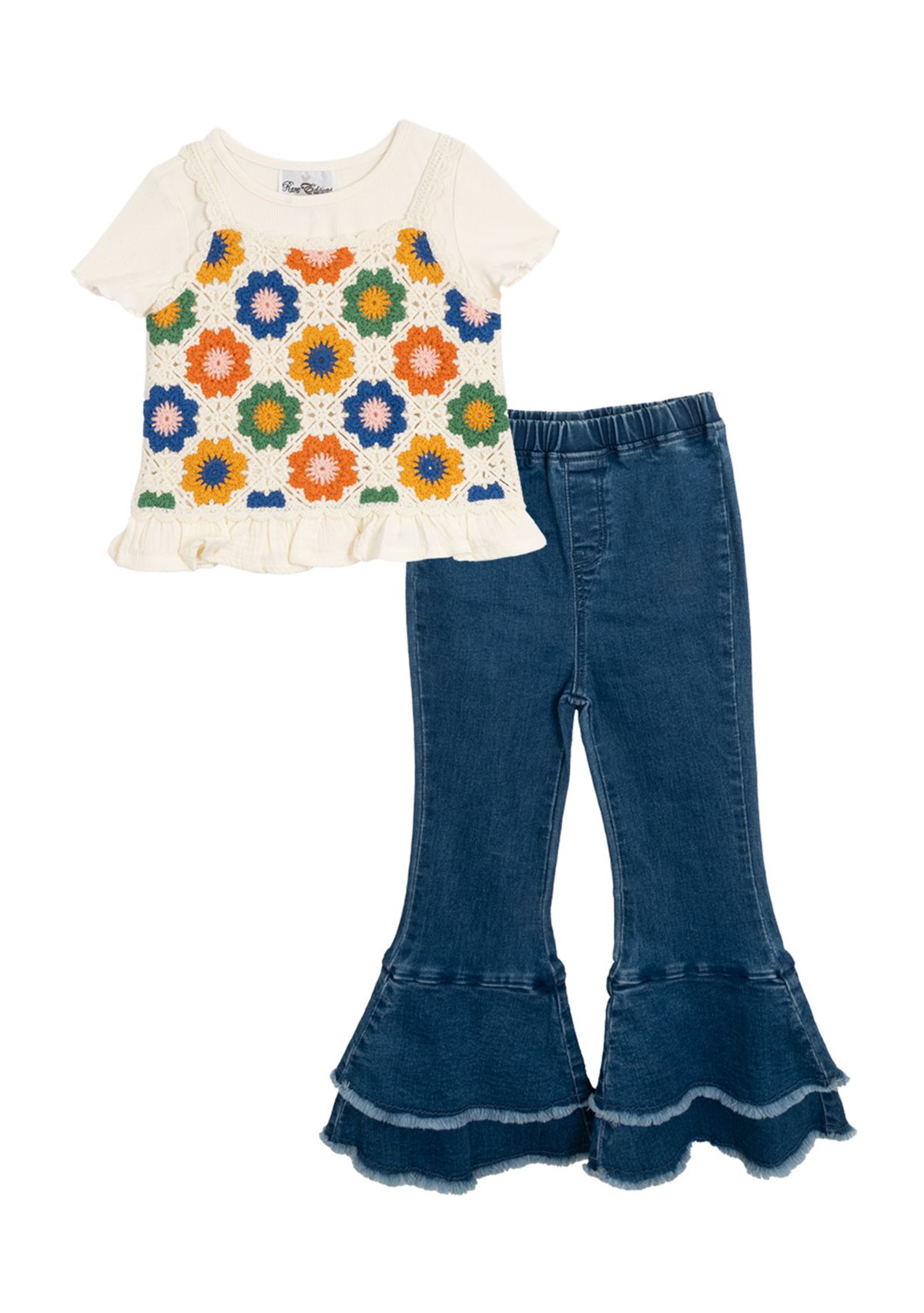 Toddler Girls Crochet Knit Top and Flared Pants Set