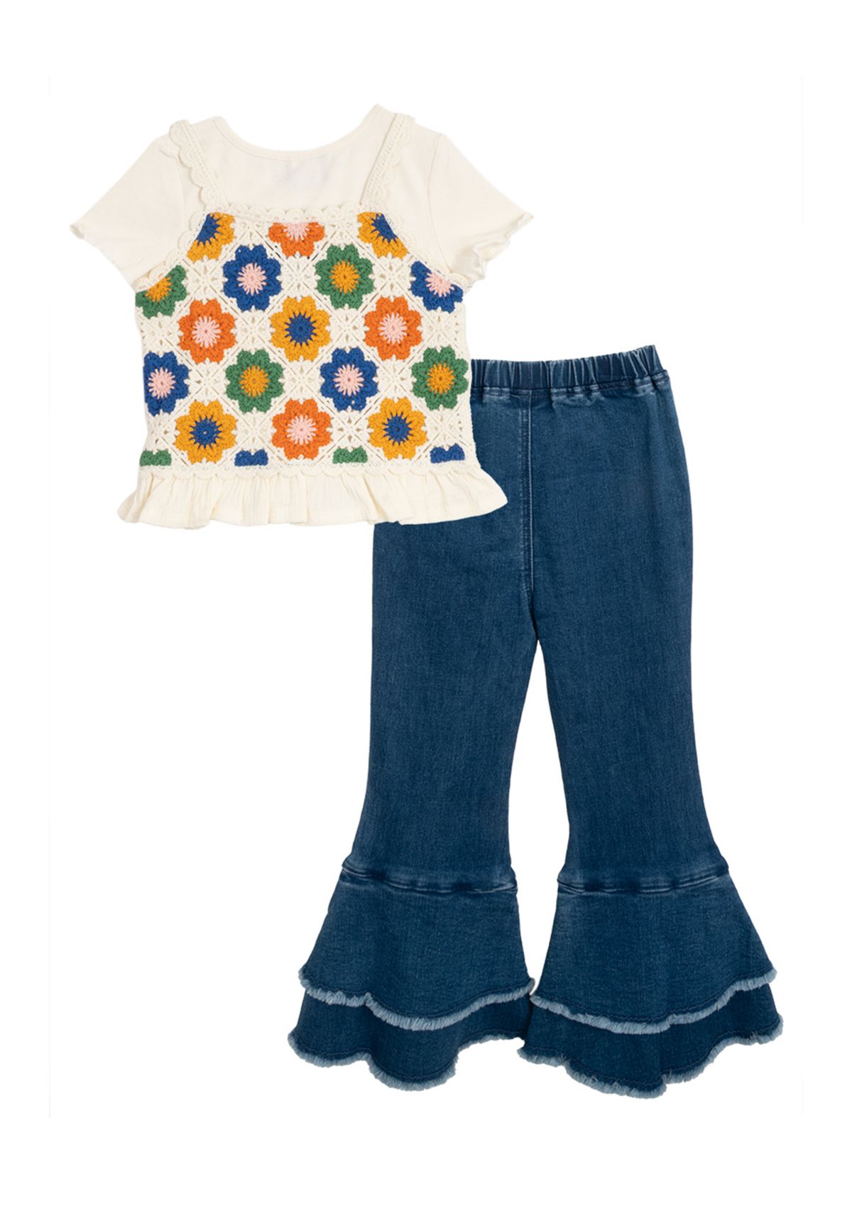 Toddler Girls Crochet Knit Top and Flared Pants Set