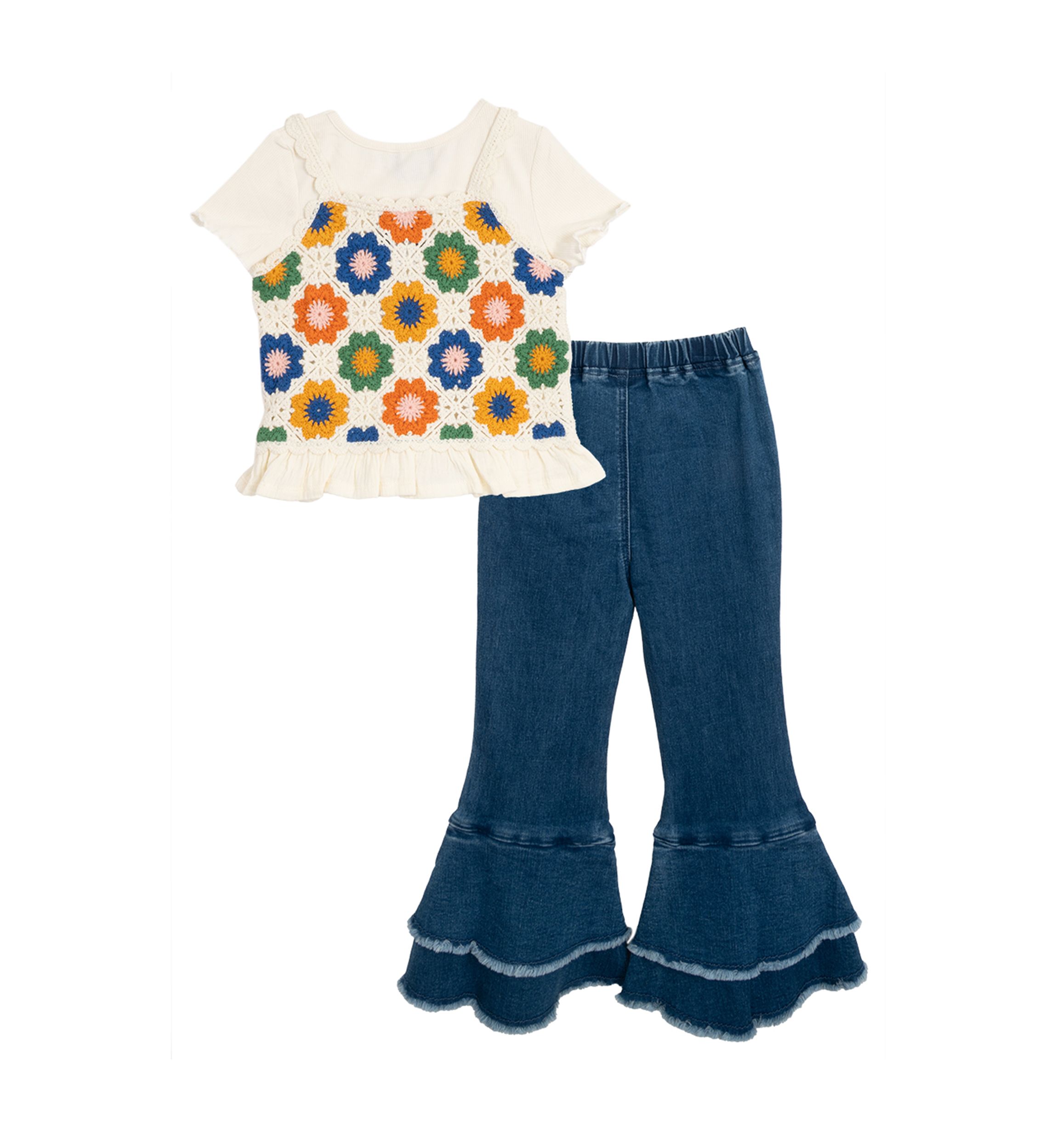 Toddler Girls Crochet Knit Top and Flared Pants Set