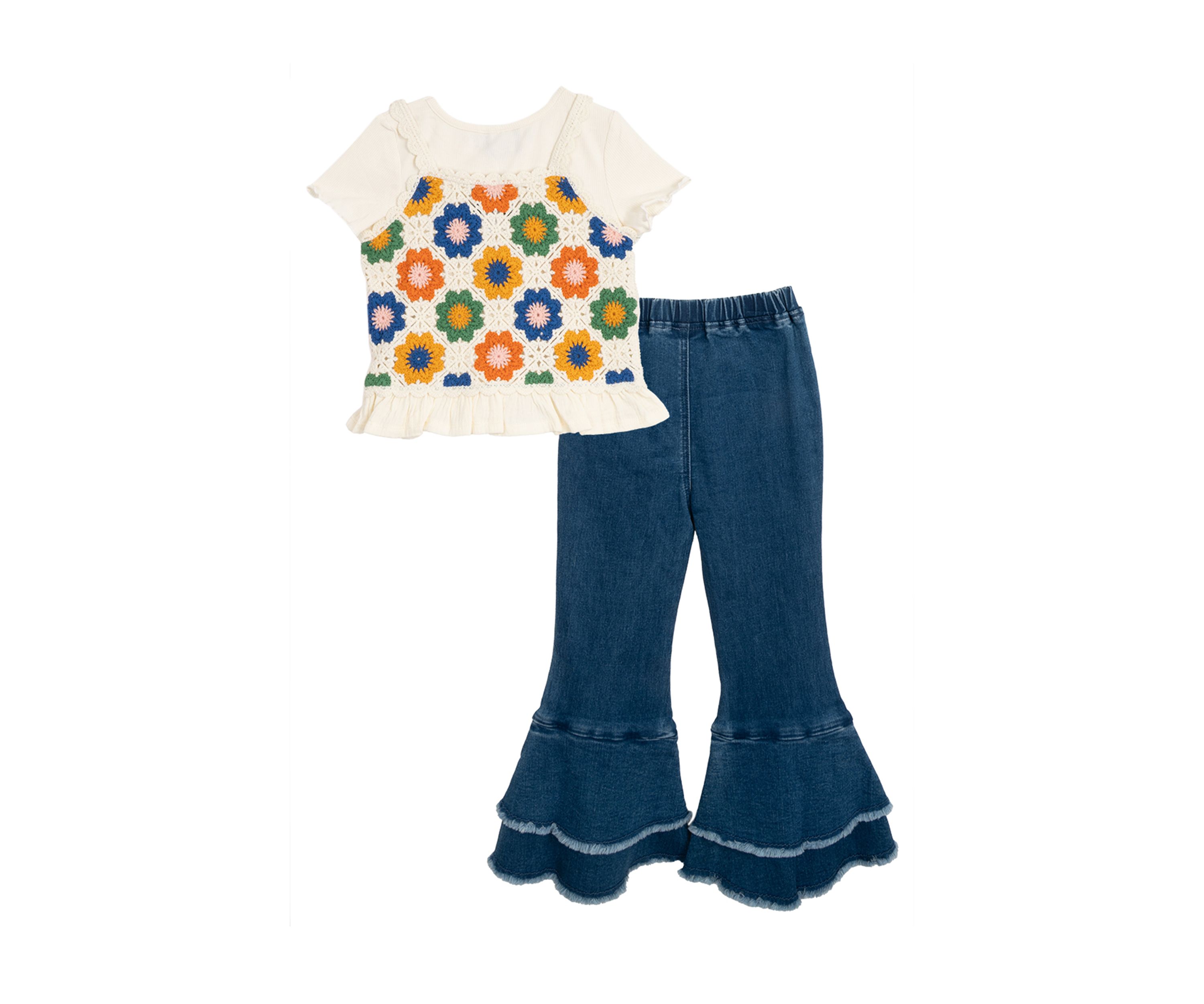 Toddler Girls Crochet Knit Top and Flared Pants Set
