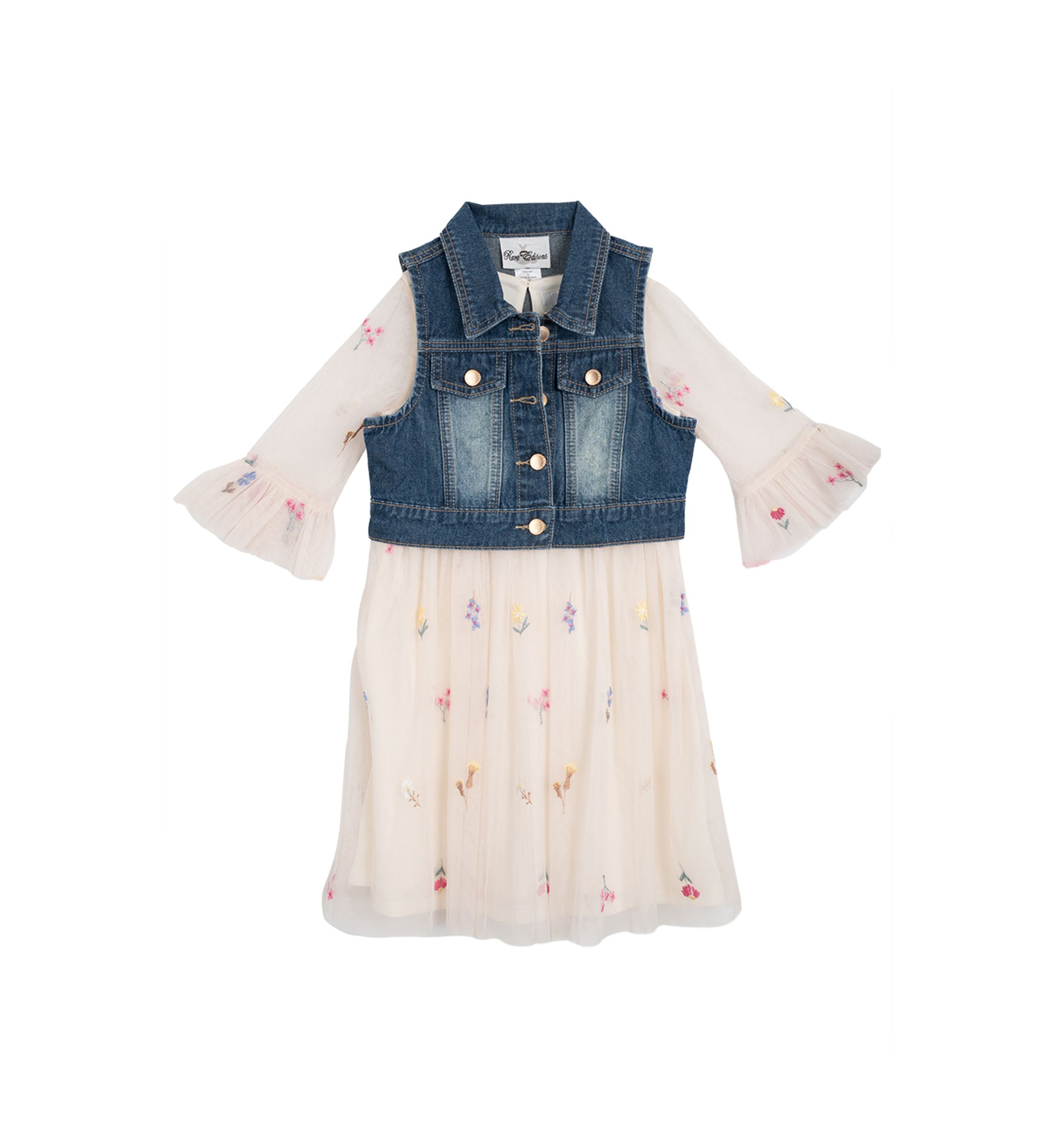 Toddler Girls Floral Printed Dress and Denim Vest Set