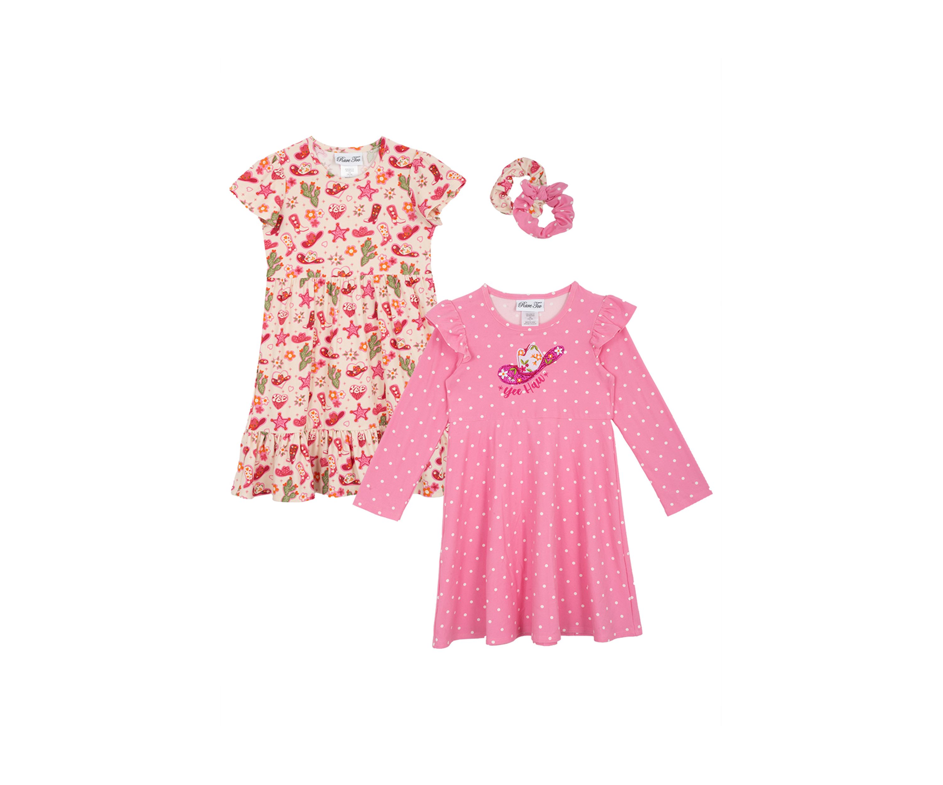 Toddler Girls Cowboy Themed Dress Set with Hair Ties