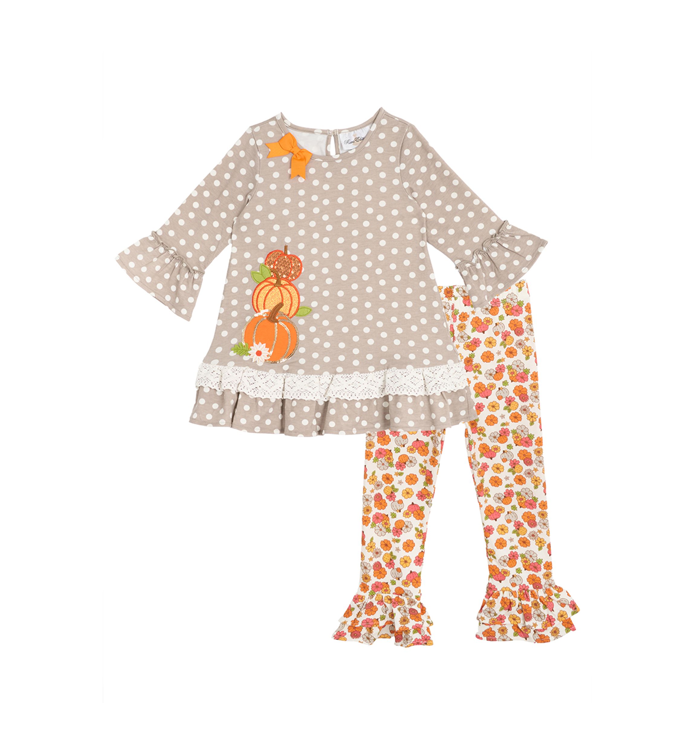 Toddler Girls Polka Dot Pumpkin Appliqué Top and Leggings Set