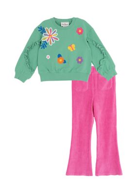 Rare Editions Toddler Girls Floral Embroidered Sweatshirt and Pants Set, Green, 4T