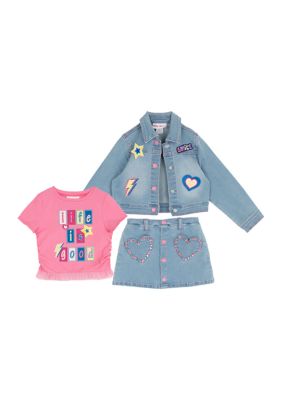 Rare Editions Toddler Girls Graphic T-Shirt and Skirt Set with Denim Jacket, Pink, 4T