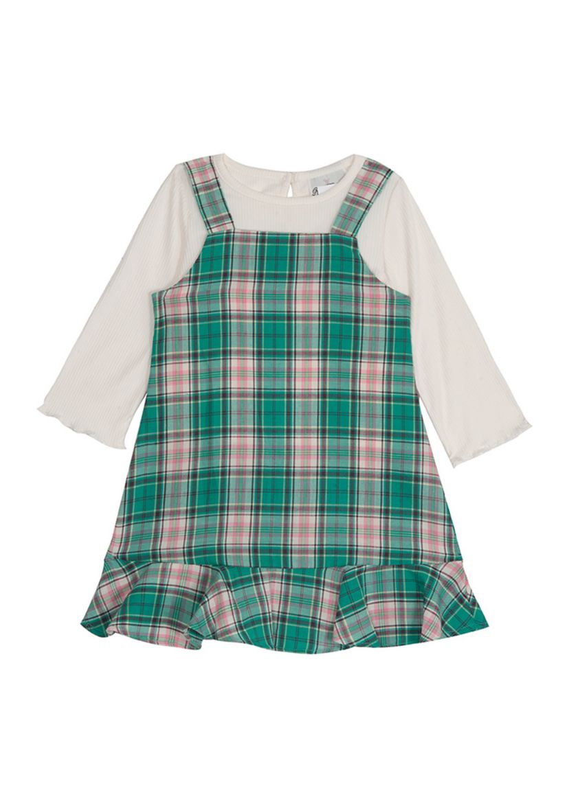 Toddler Girls Long Sleeve Woven Plaid Ruffle Jumper