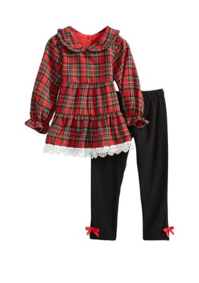 Baby Girls Plaid Twill Crochet Top and Leggings Set