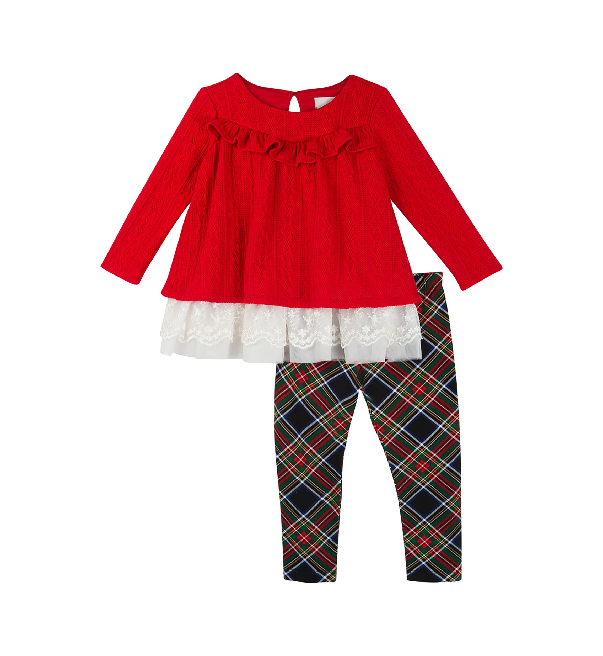 Baby Girls Ruffle Crochet Top and Plaid Leggings Set