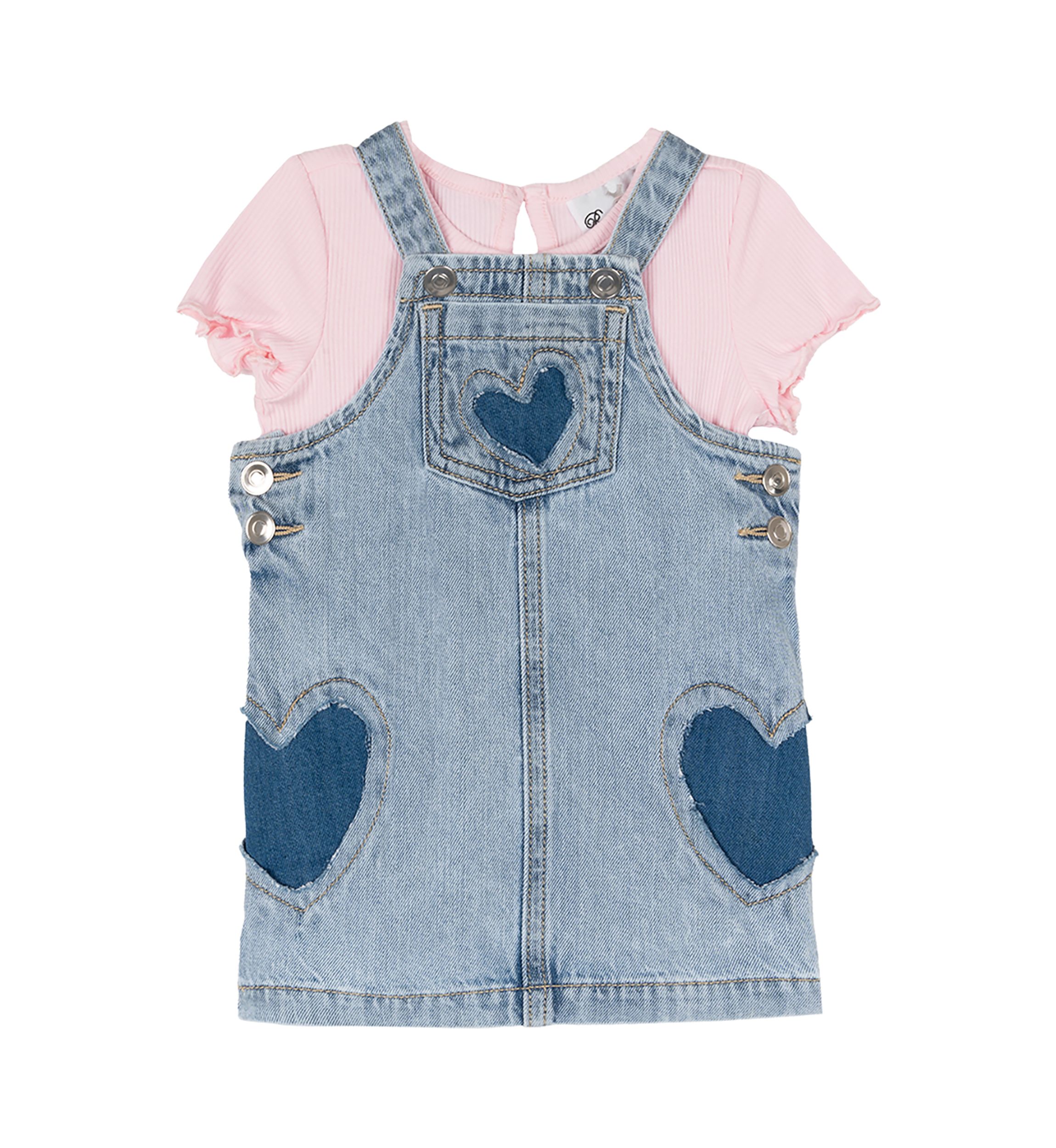 Baby Girls Heart Printed Denim Jumper Dress and T-Shirt Set