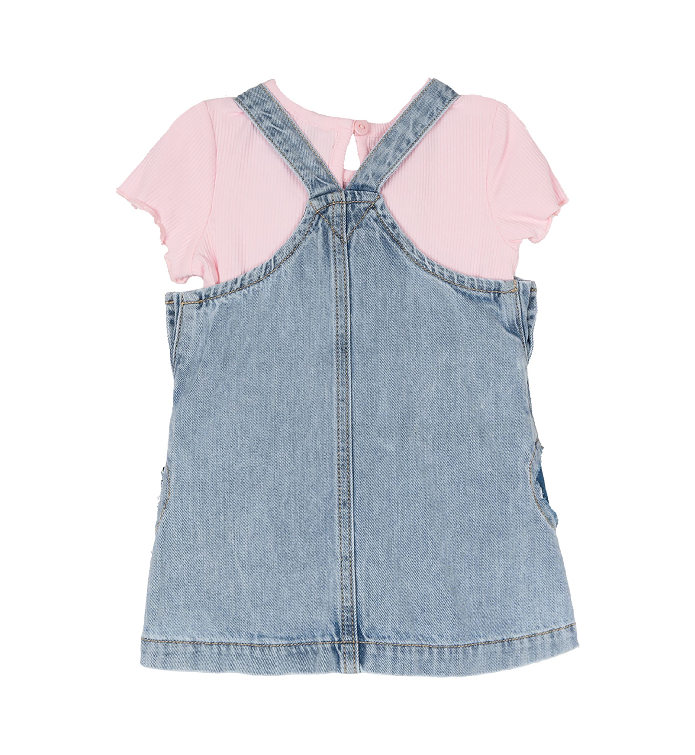 Baby Girls Heart Printed Denim Jumper Dress and T-Shirt Set