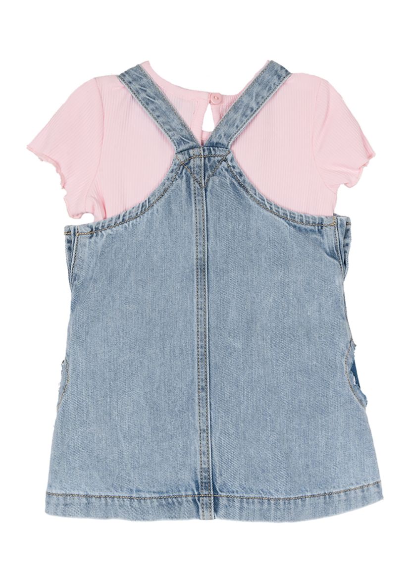 Baby Girls Heart Printed Denim Jumper Dress and T-Shirt Set