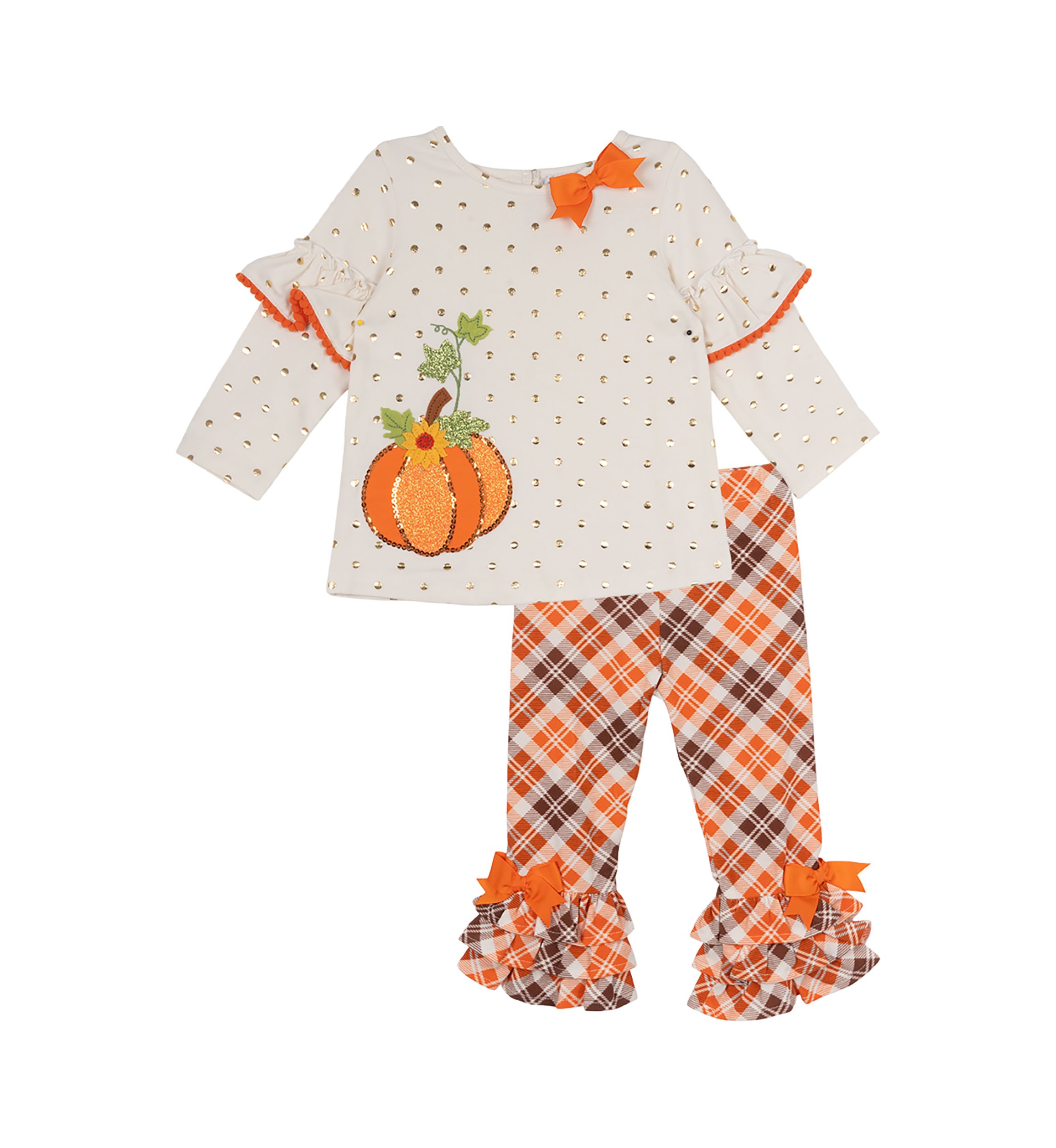 Toddler Girls Pumpkin Appliqué Ivory Foil Dot Top and Printed Leggings Set