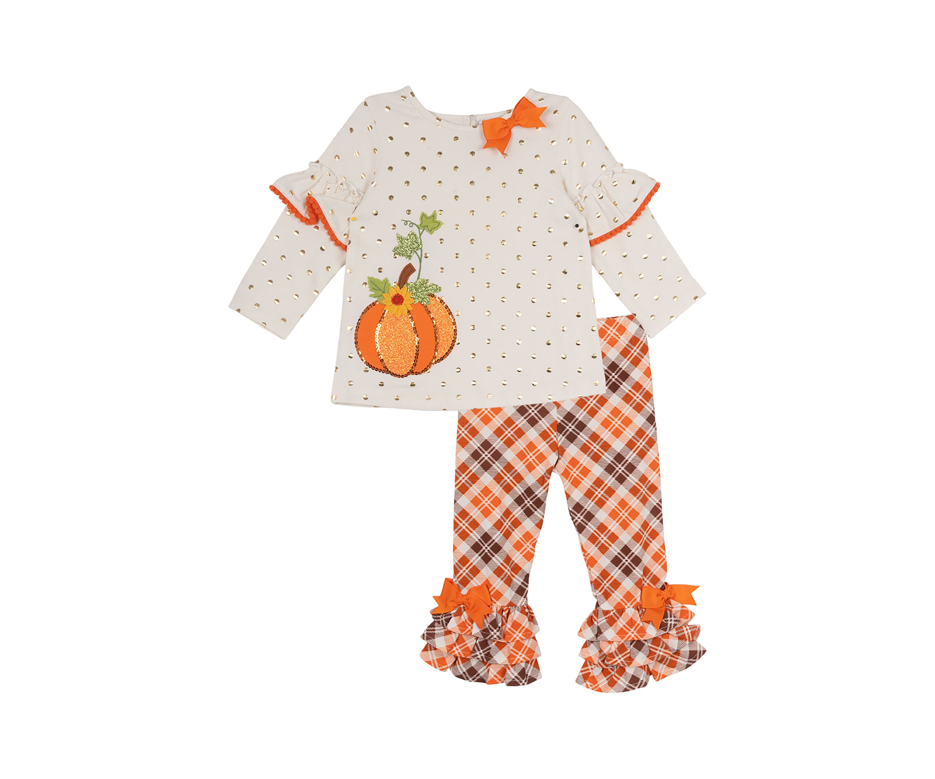 Toddler Girls Pumpkin Appliqué Ivory Foil Dot Top and Printed Leggings Set