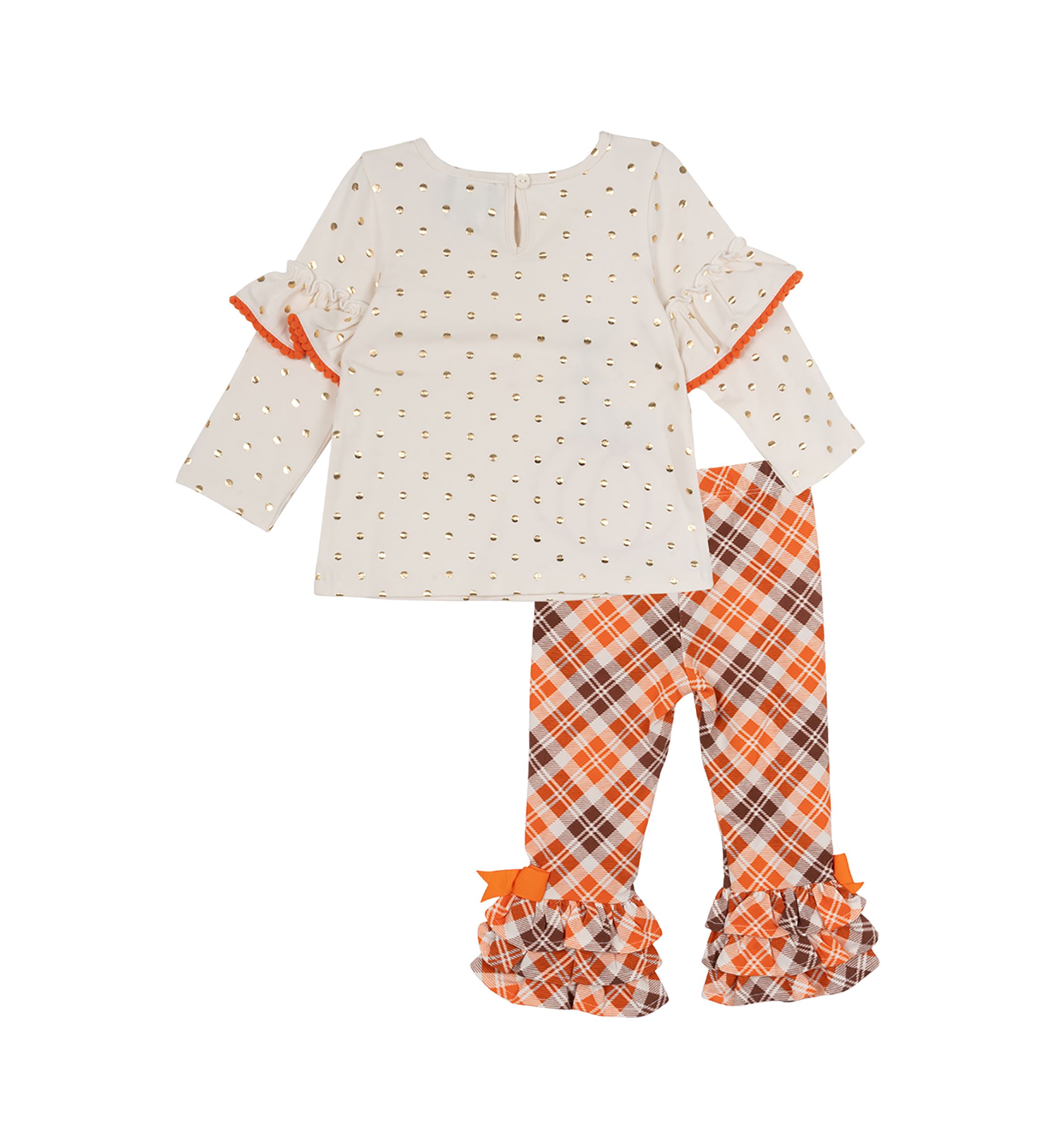 Toddler Girls Pumpkin Appliqué Ivory Foil Dot Top and Printed Leggings Set