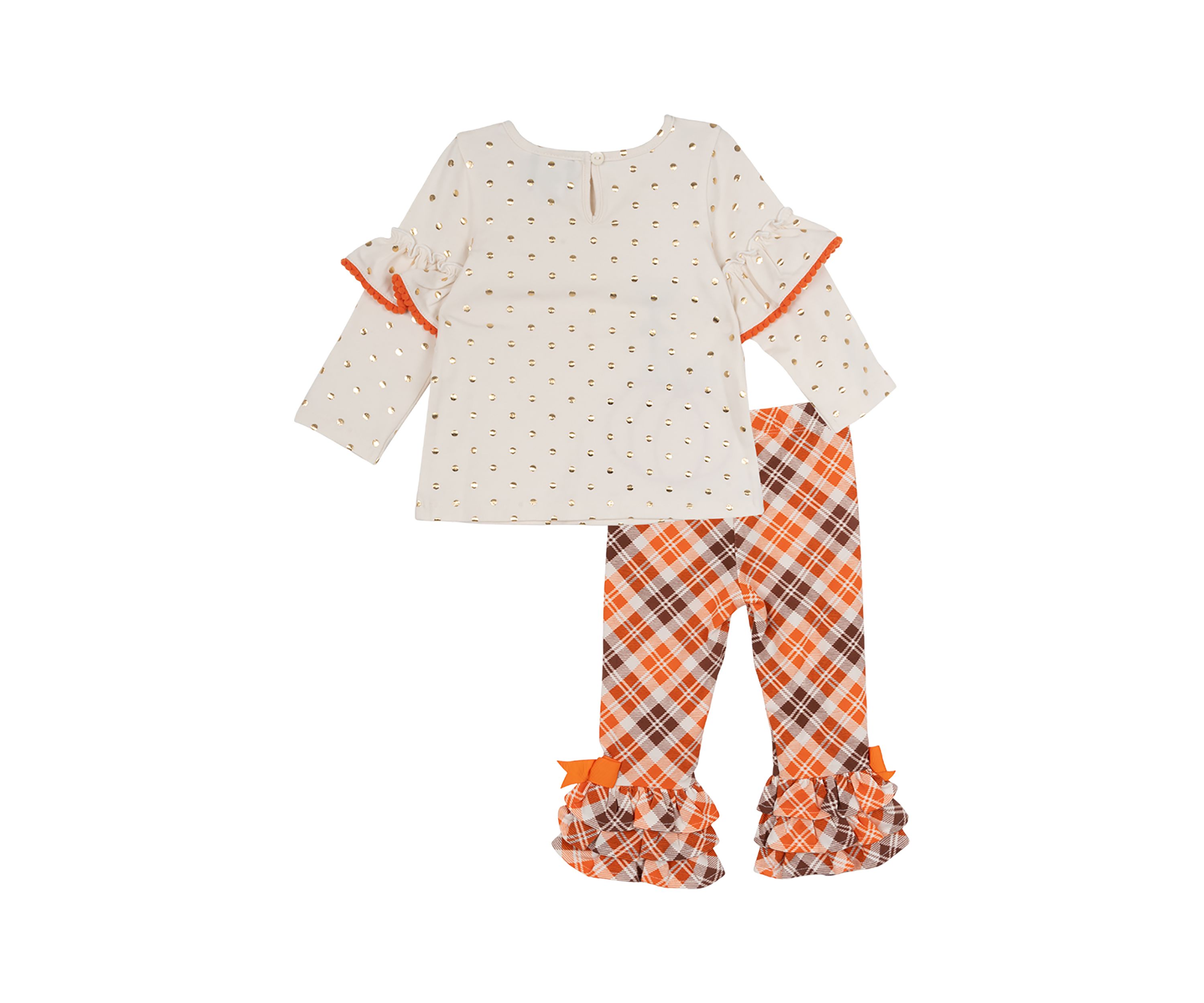 Toddler Girls Pumpkin Appliqué Ivory Foil Dot Top and Printed Leggings Set