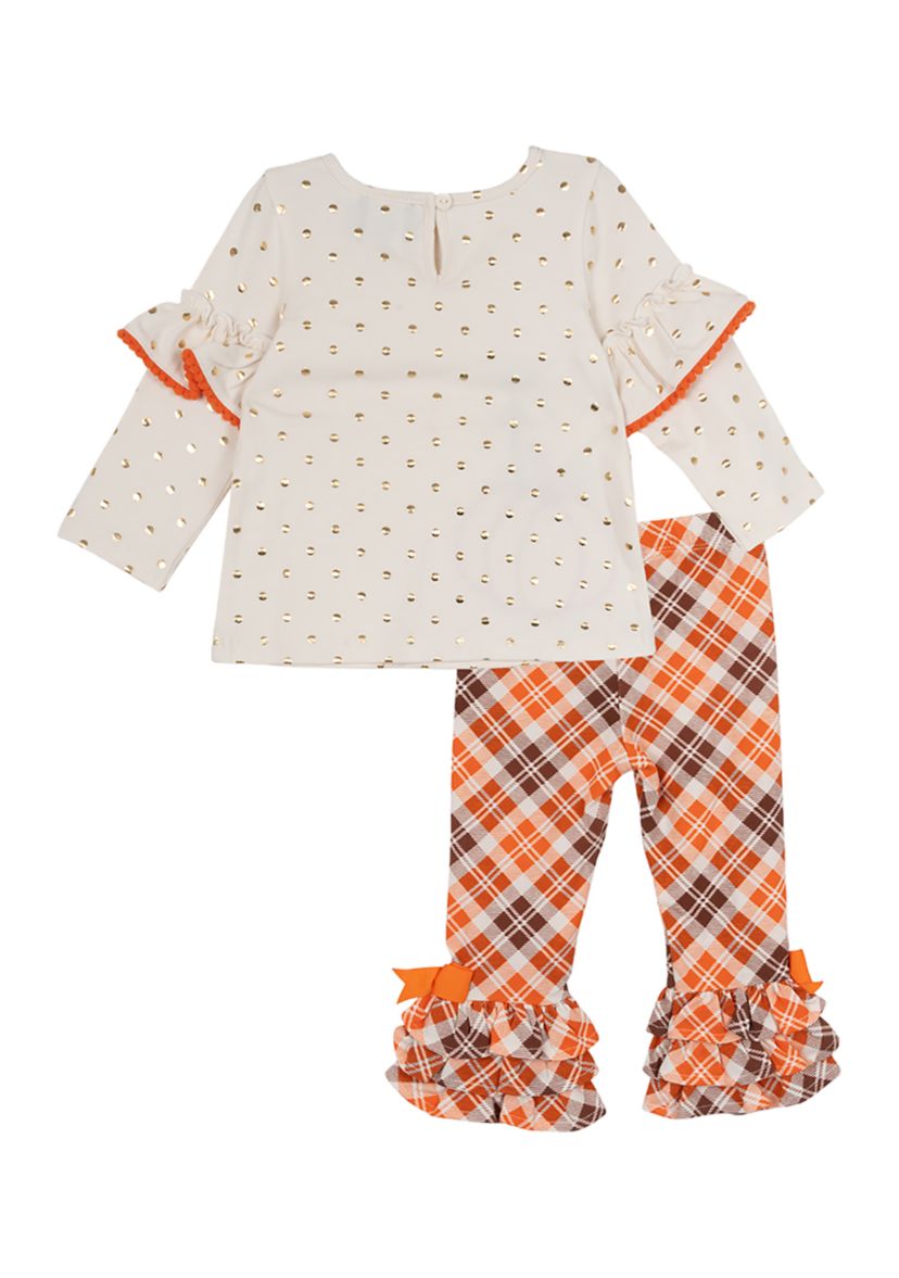 Toddler Girls Pumpkin Appliqué Ivory Foil Dot Top and Printed Leggings Set