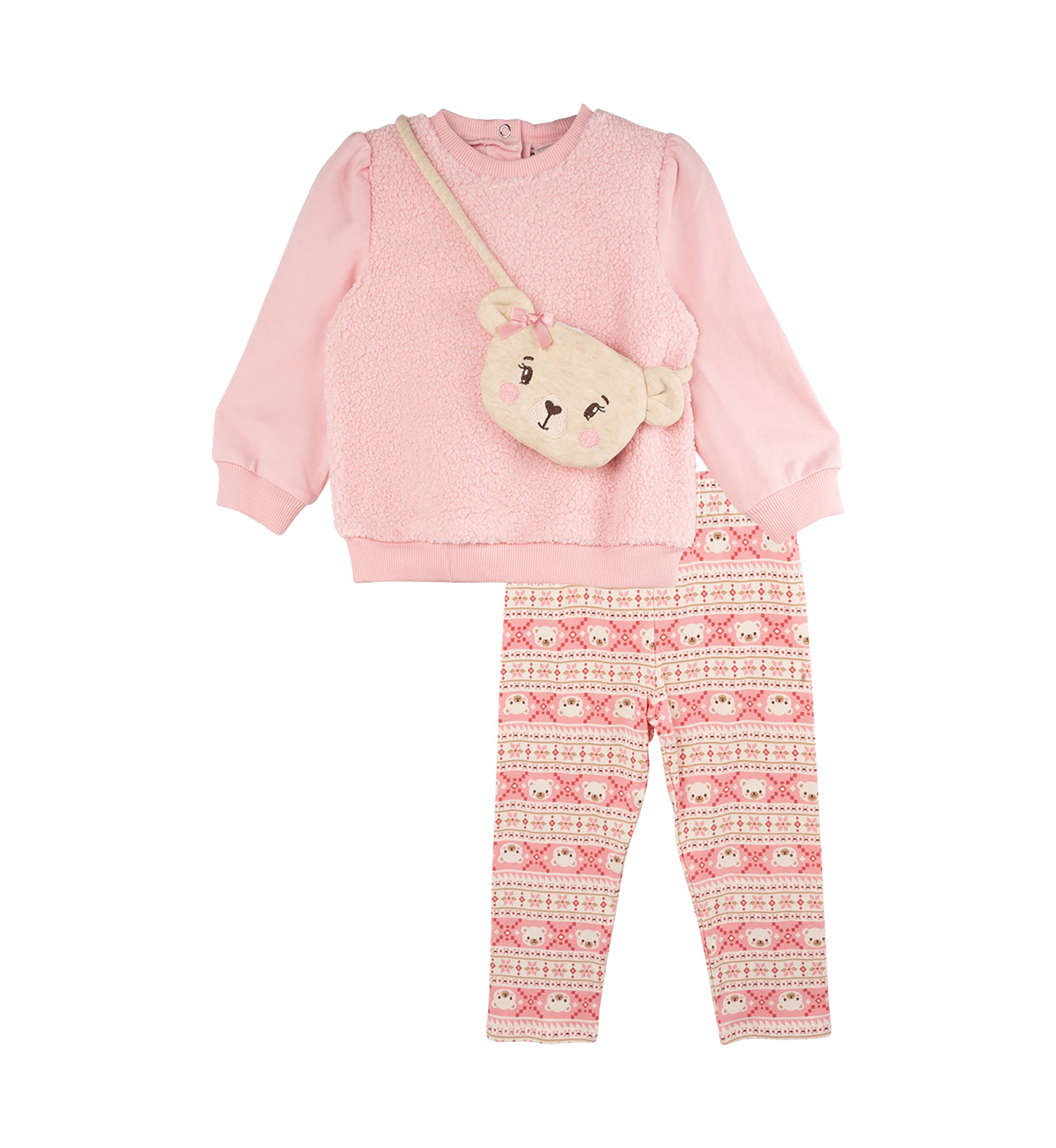 Baby Girls Fuzzy Bear Top and Printed Leggings Set with Bag