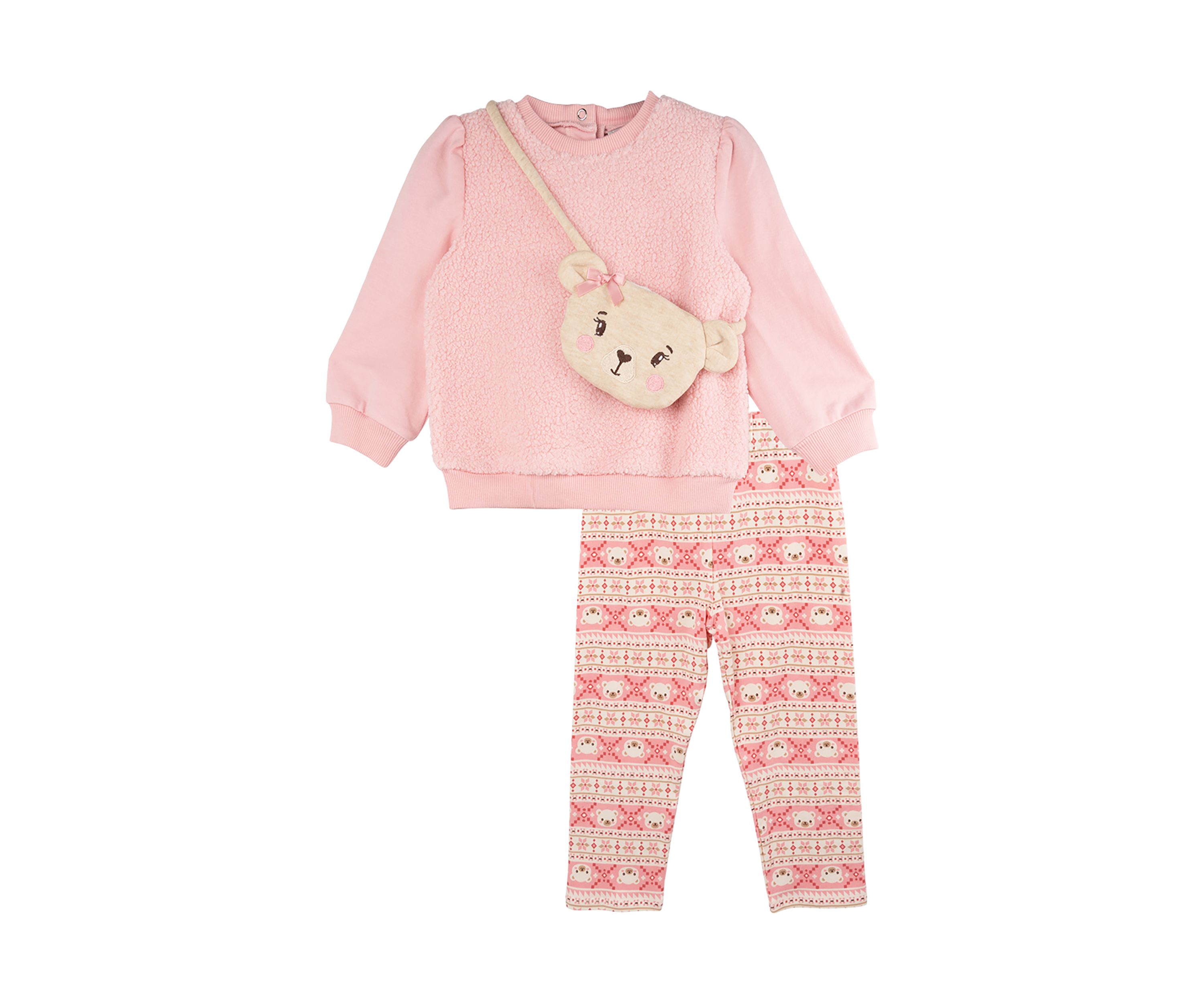 Baby Girls Fuzzy Bear Top and Printed Leggings Set with Bag