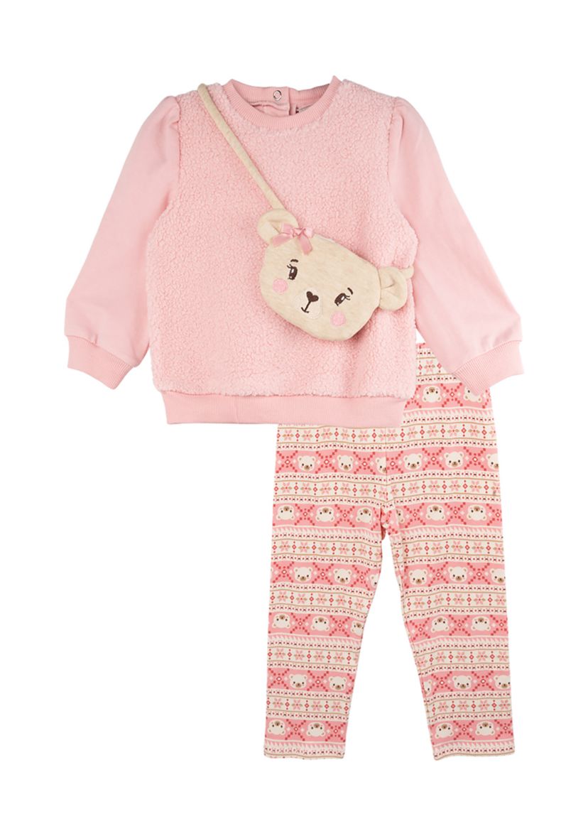 Baby Girls Fuzzy Bear Top and Printed Leggings Set with Bag