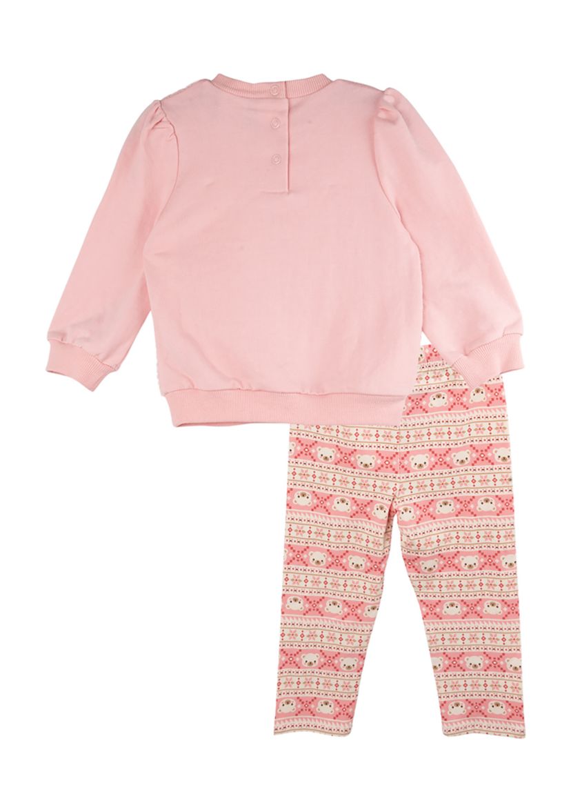 Baby Girls Fuzzy Bear Top and Printed Leggings Set with Bag