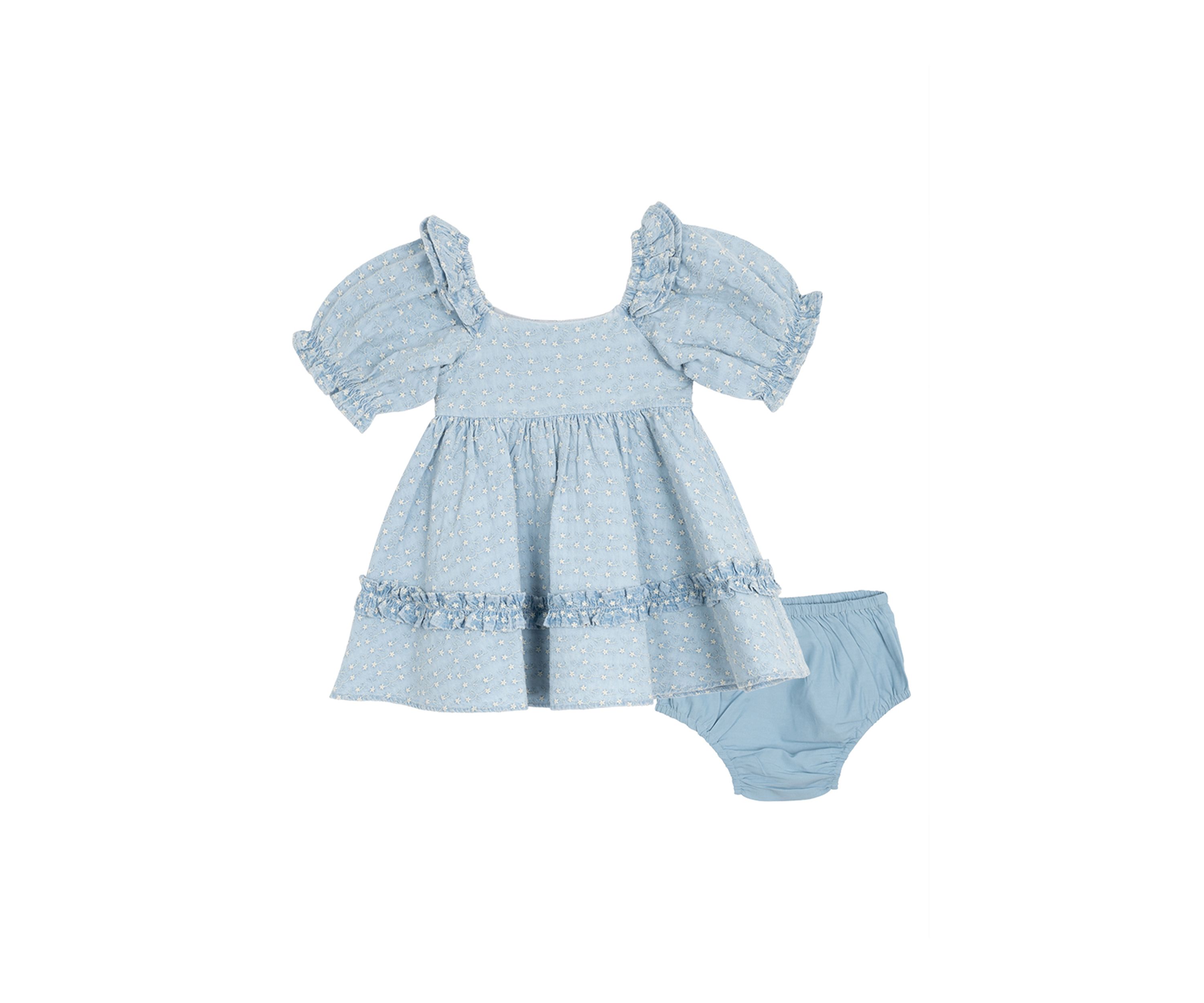 Baby Girls Printed Chambray Dress with Bloomer