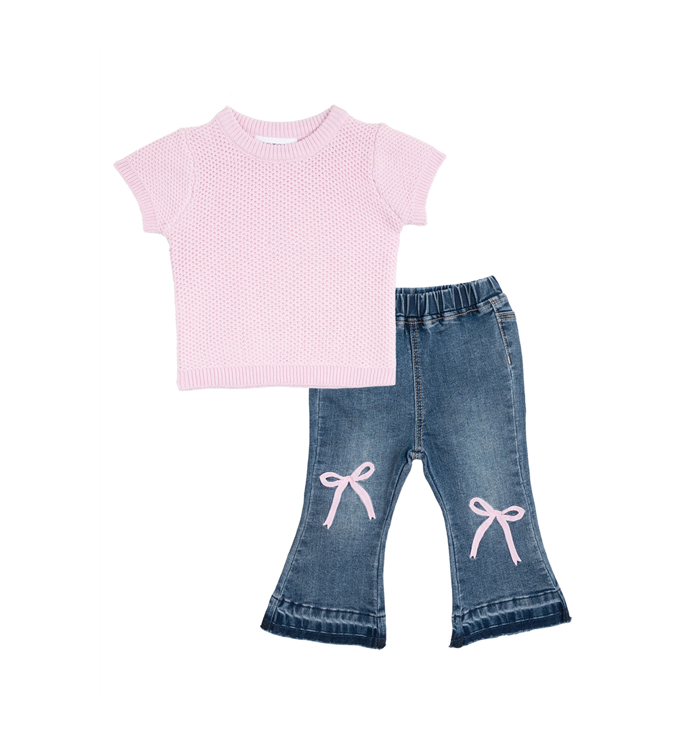 Baby Girls Printed Top and Denim Bow Jeans Set