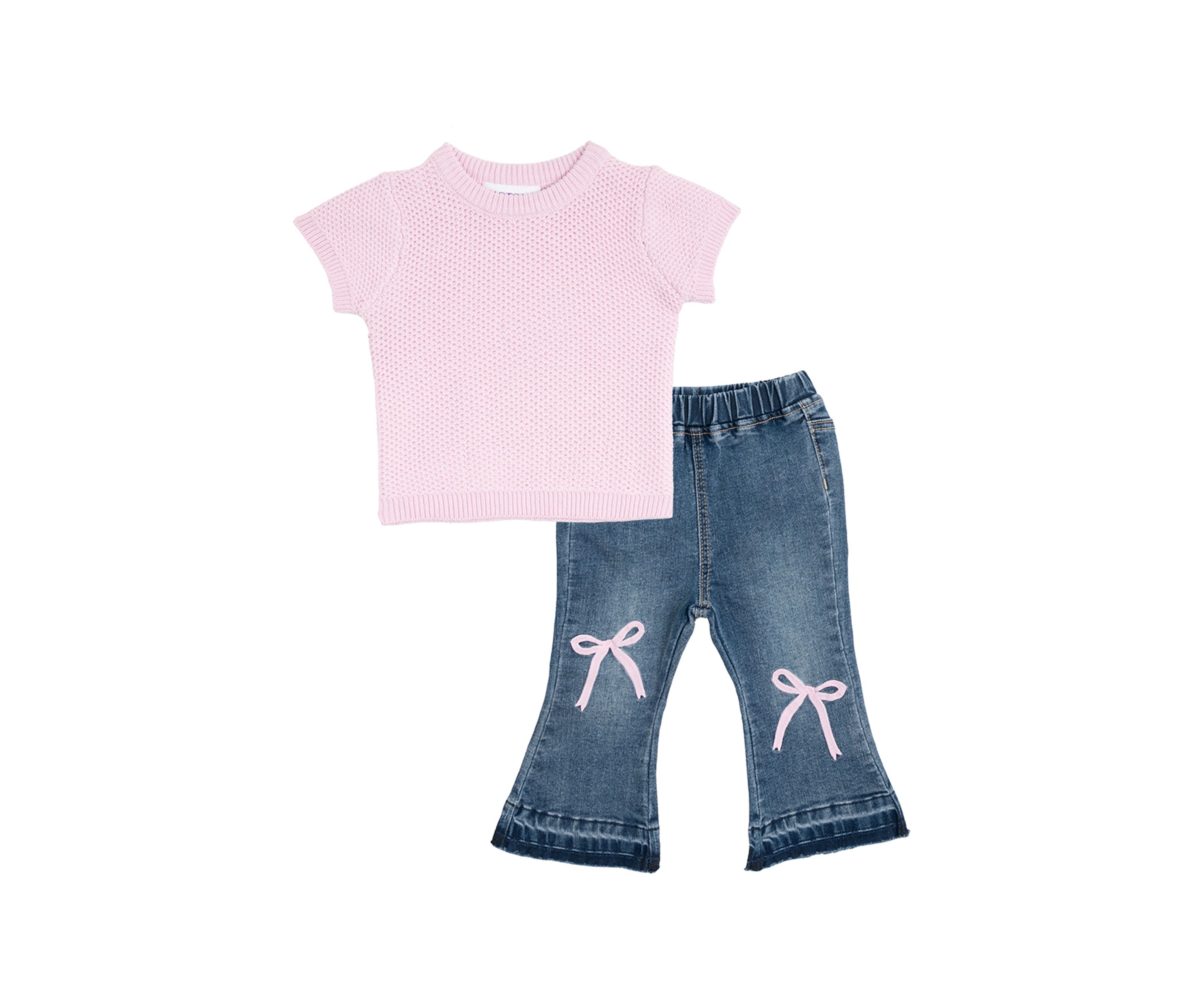 Baby Girls Printed Top and Denim Bow Jeans Set