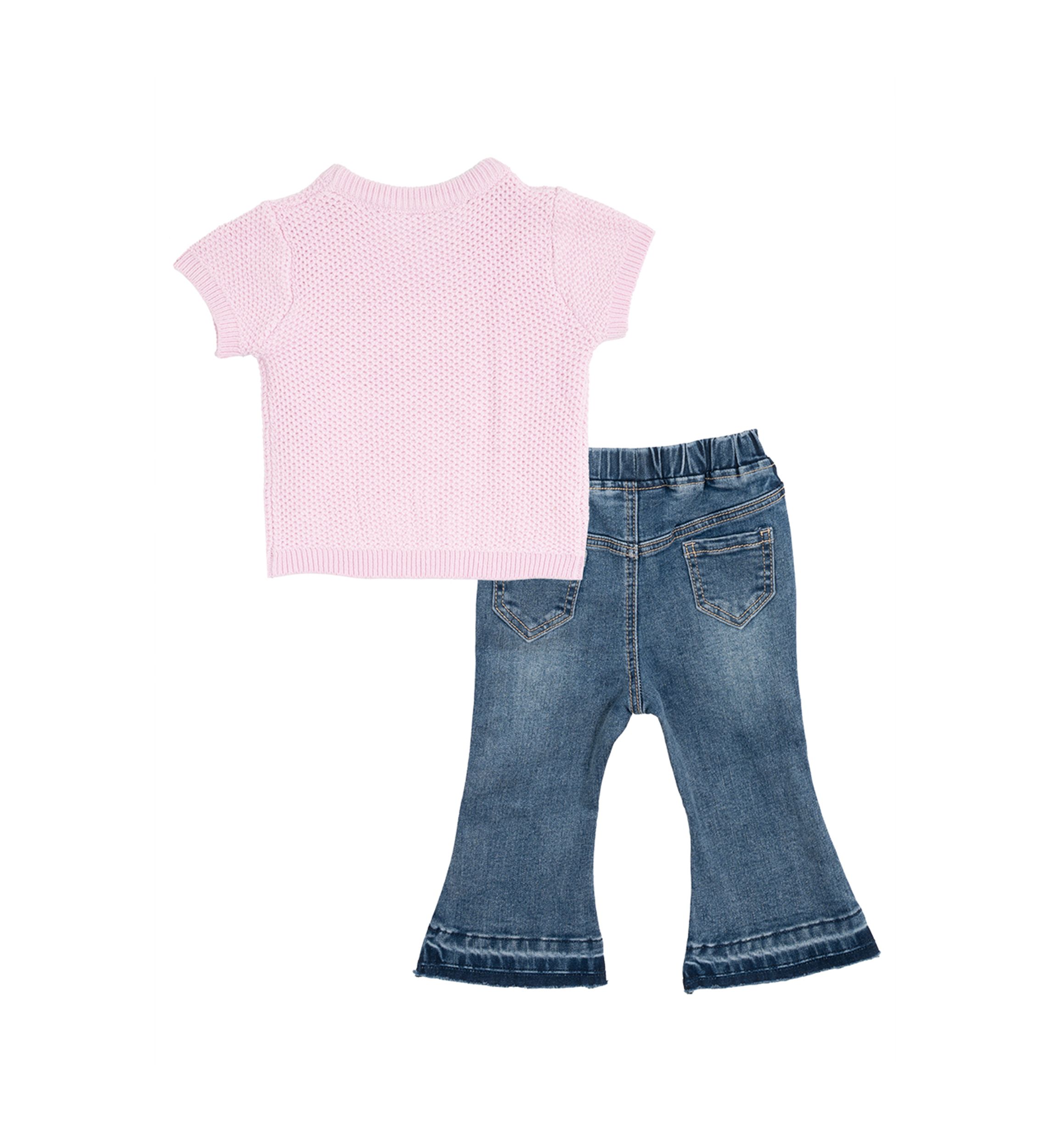 Baby Girls Printed Top and Denim Bow Jeans Set