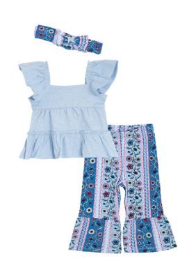 Rare Editions Baby Girls Bohemian Top and Printed Pants Set with Headband