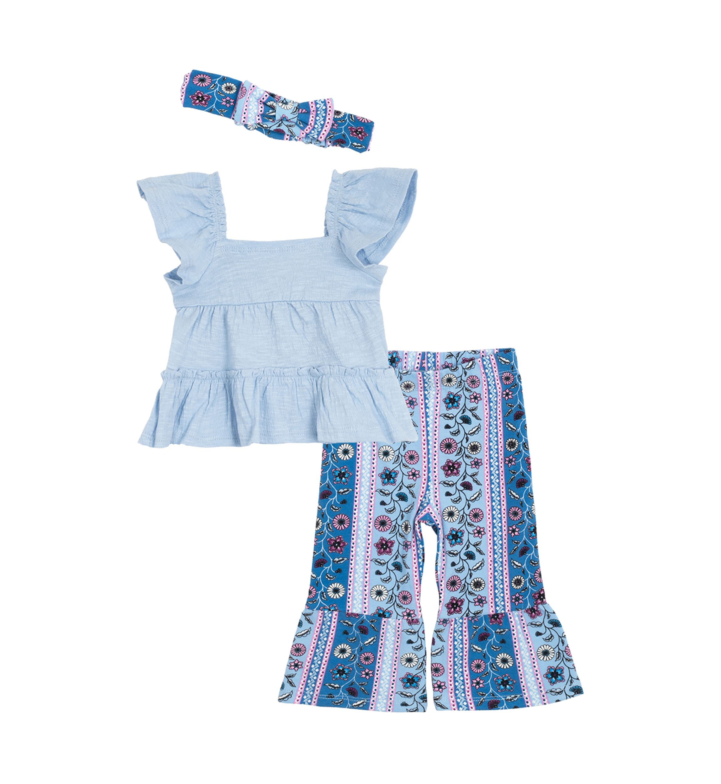 Baby Girls Bohemian Top and Printed Pants Set with Headband
