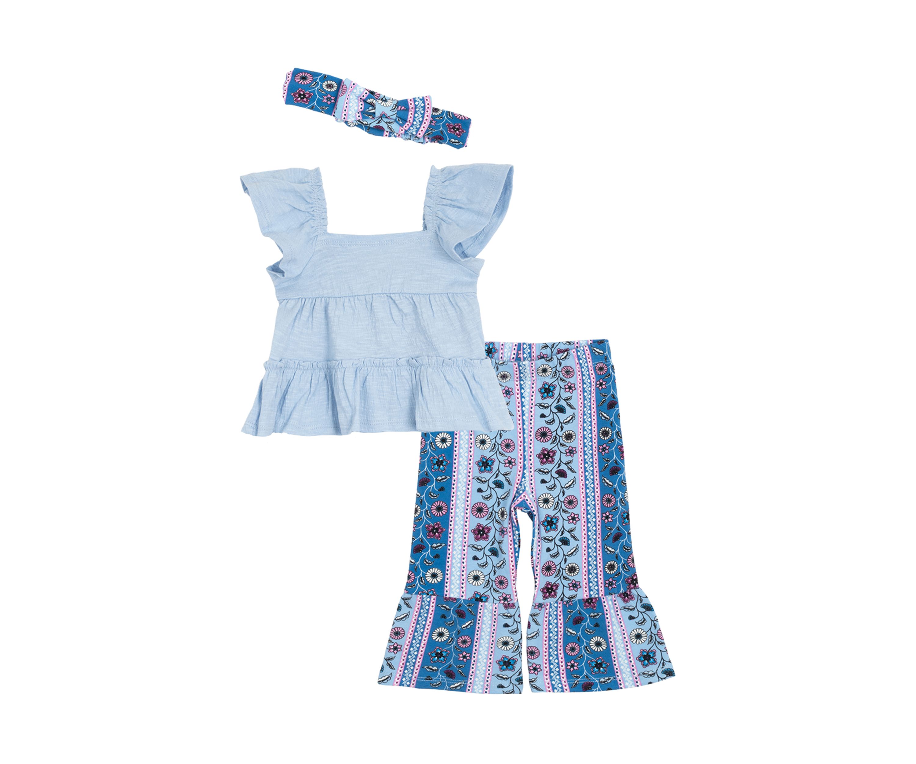 Baby Girls Bohemian Top and Printed Pants Set with Headband